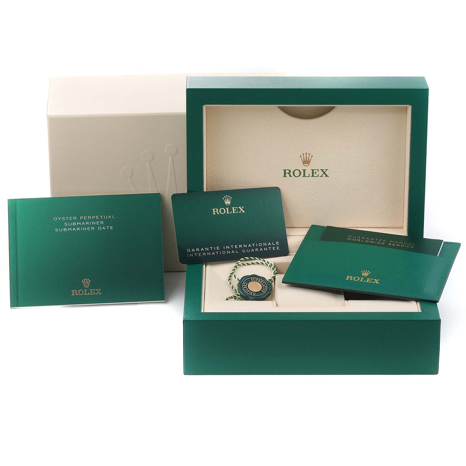 The image shows the packaging and documents for a Rolex Submariner 126613 Men's Steel and Gold (two tone) Blue Dial 126613 Men's Steel and Gold (two tone) Blue Dial, including warranty cards, booklets, and a green box.
