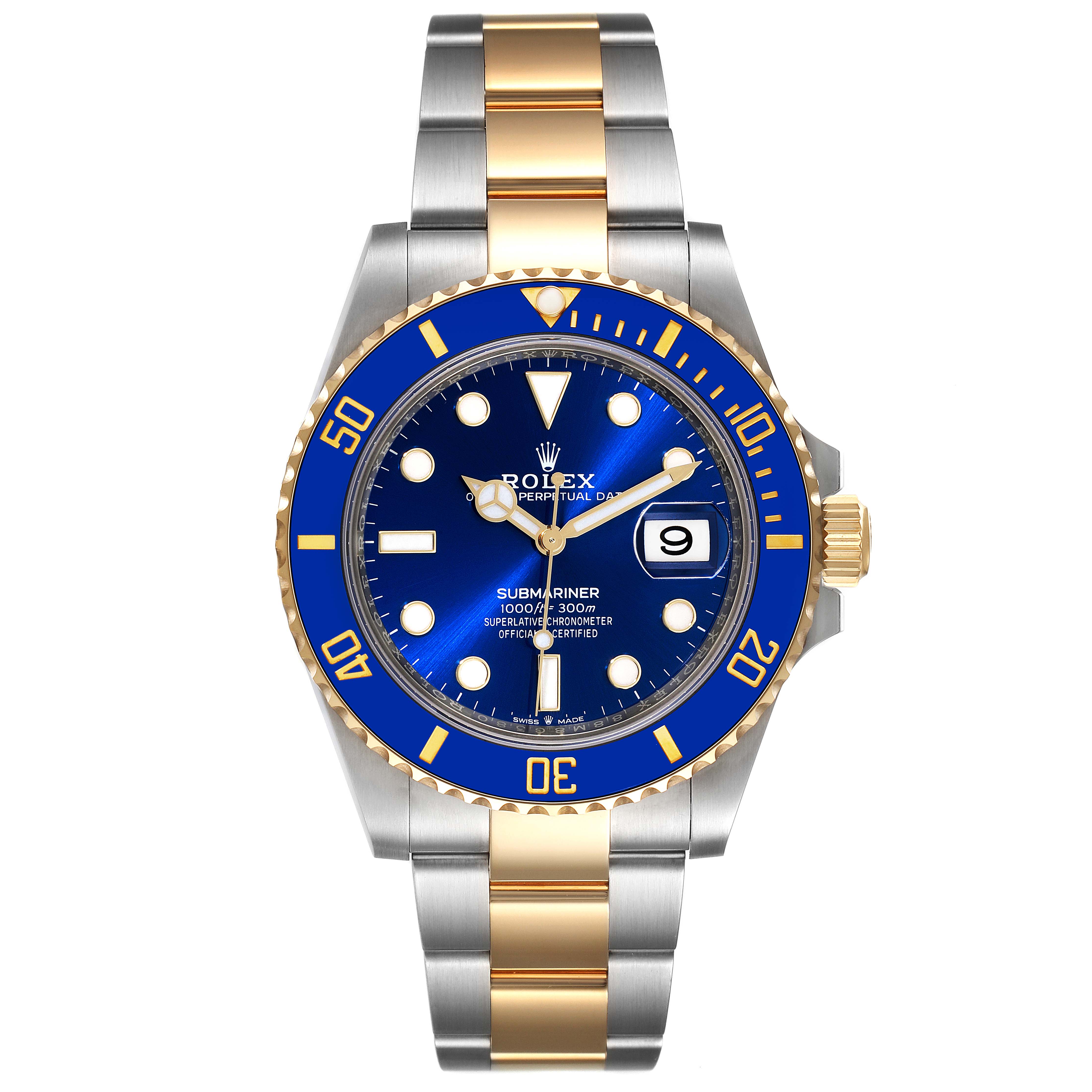This image shows a front view of the Rolex Submariner 126613 Men's Steel and Gold (two tone) Blue Dial 126613 Men's Steel and Gold (two tone) Blue Dial watch, highlighting its dial, bezel, and bracelet.