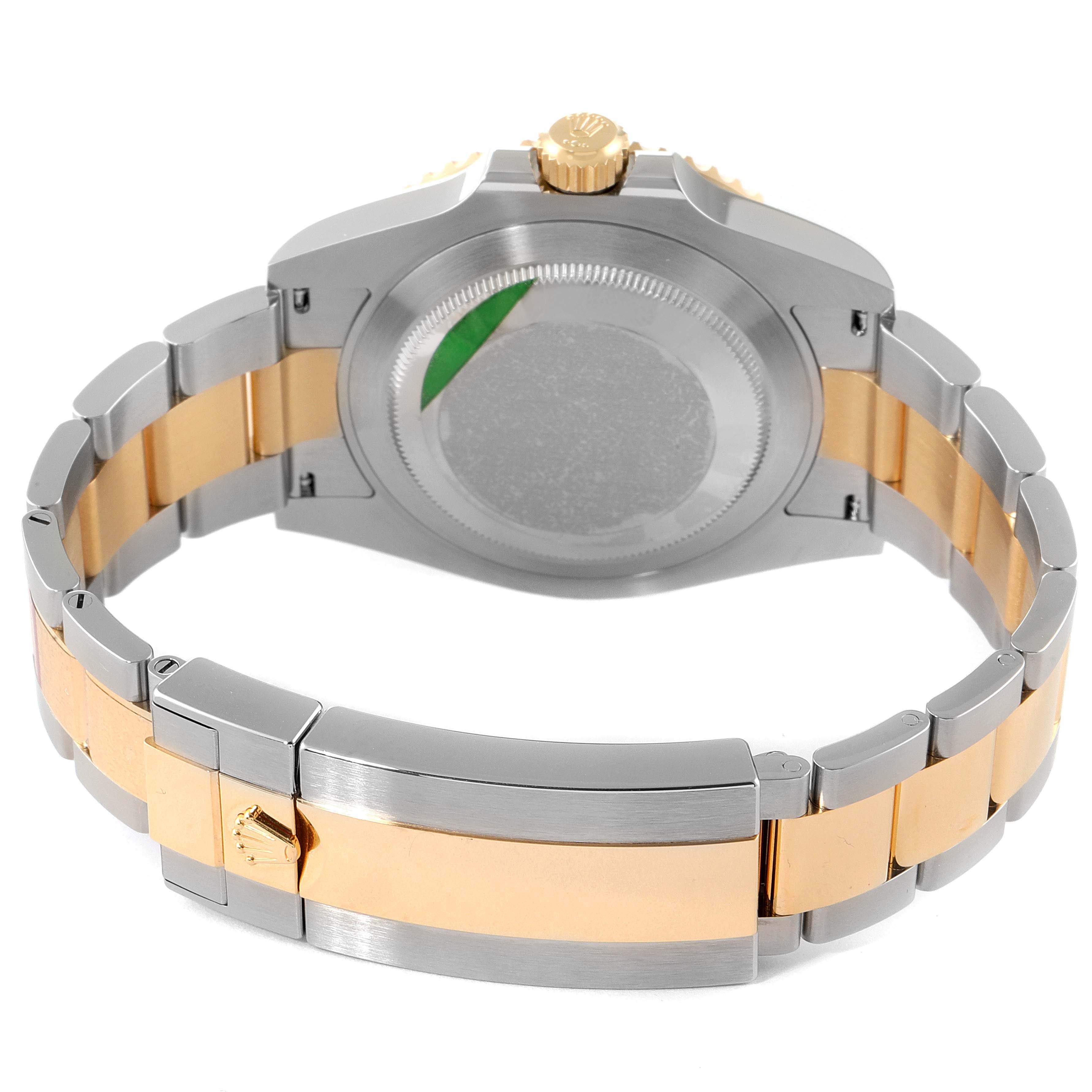 This image shows the back view of a Rolex Submariner 126613 Men's Steel and Gold (two tone) Blue Dial 126613 Men's Steel and Gold (two tone) Blue Dial watch, featuring its two-tone bracelet and closed clasp.