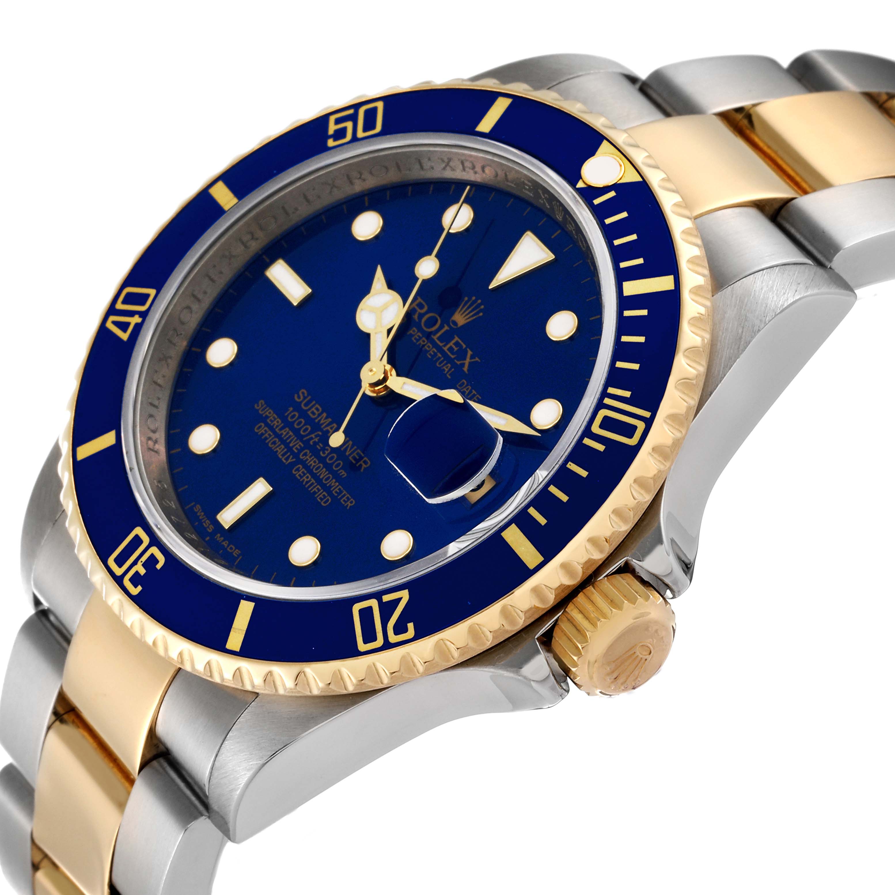 The image shows a side angle of a Rolex Submariner 16613 Men
s Stainless Steel Blue Dial 16613 Men
s Stainless Steel Blue Dial watch, highlighting the bezel, crown, dial, and bracelet.