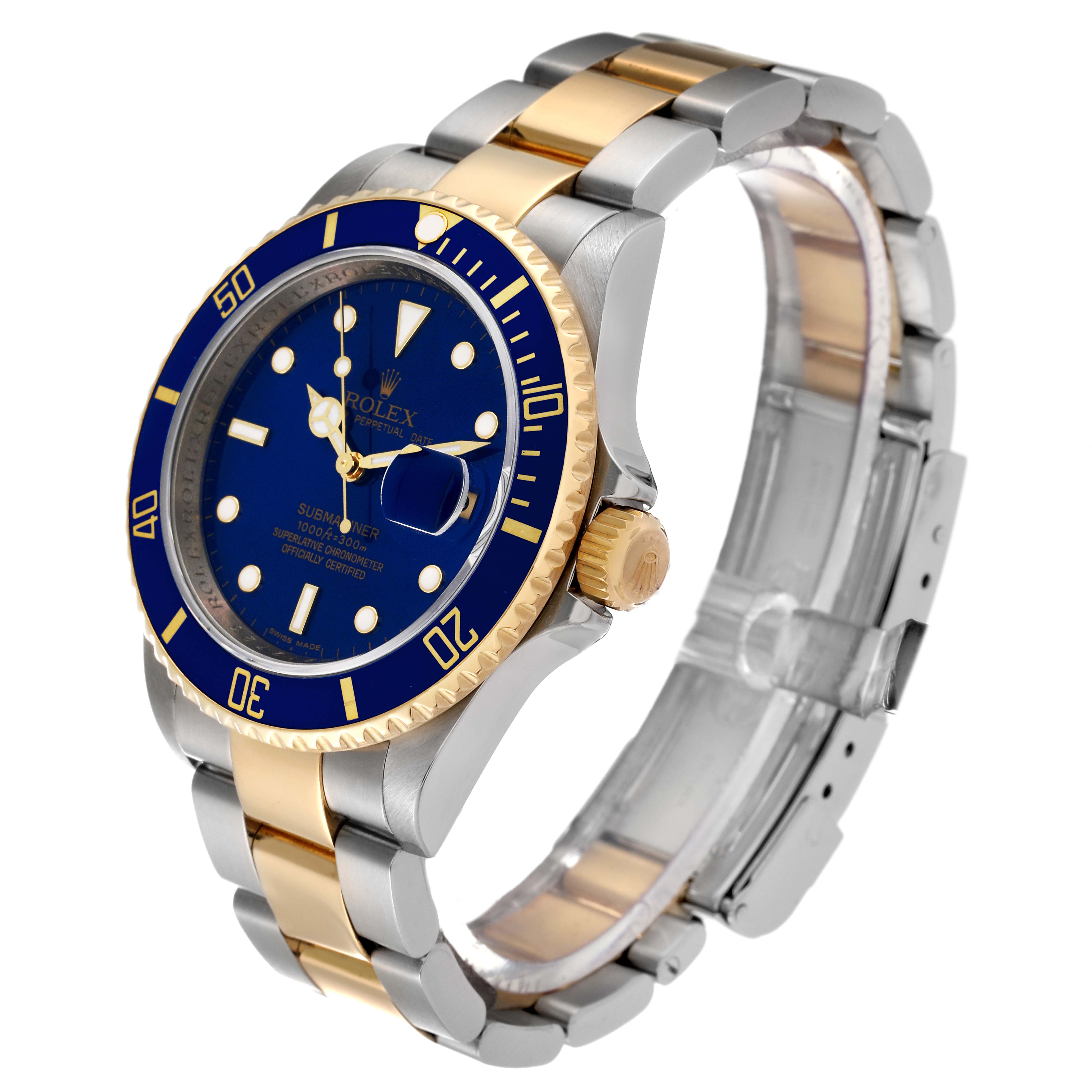 This image shows a side angle view of a Rolex Submariner 16613 Men
s Stainless Steel Blue Dial 16613 Men
s Stainless Steel Blue Dial watch, highlighting its blue dial, two-tone bracelet, and crown.