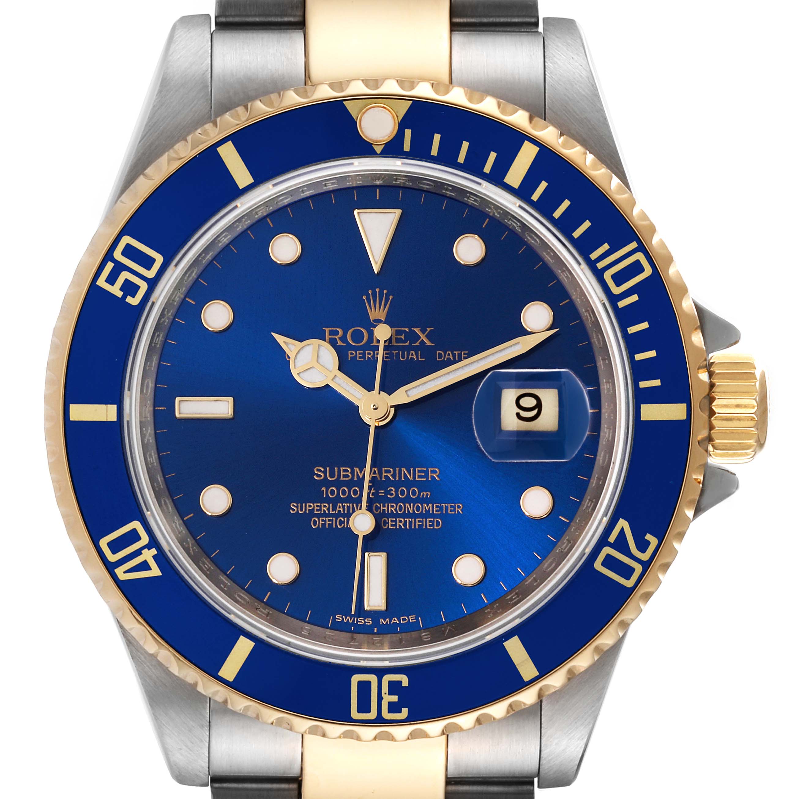 This image shows a front view of a Rolex Submariner 16613 Men
s Stainless Steel Blue Dial 16613 Men
s Stainless Steel Blue Dial watch, highlighting its blue dial, date window, and gold and stainless steel bezel.