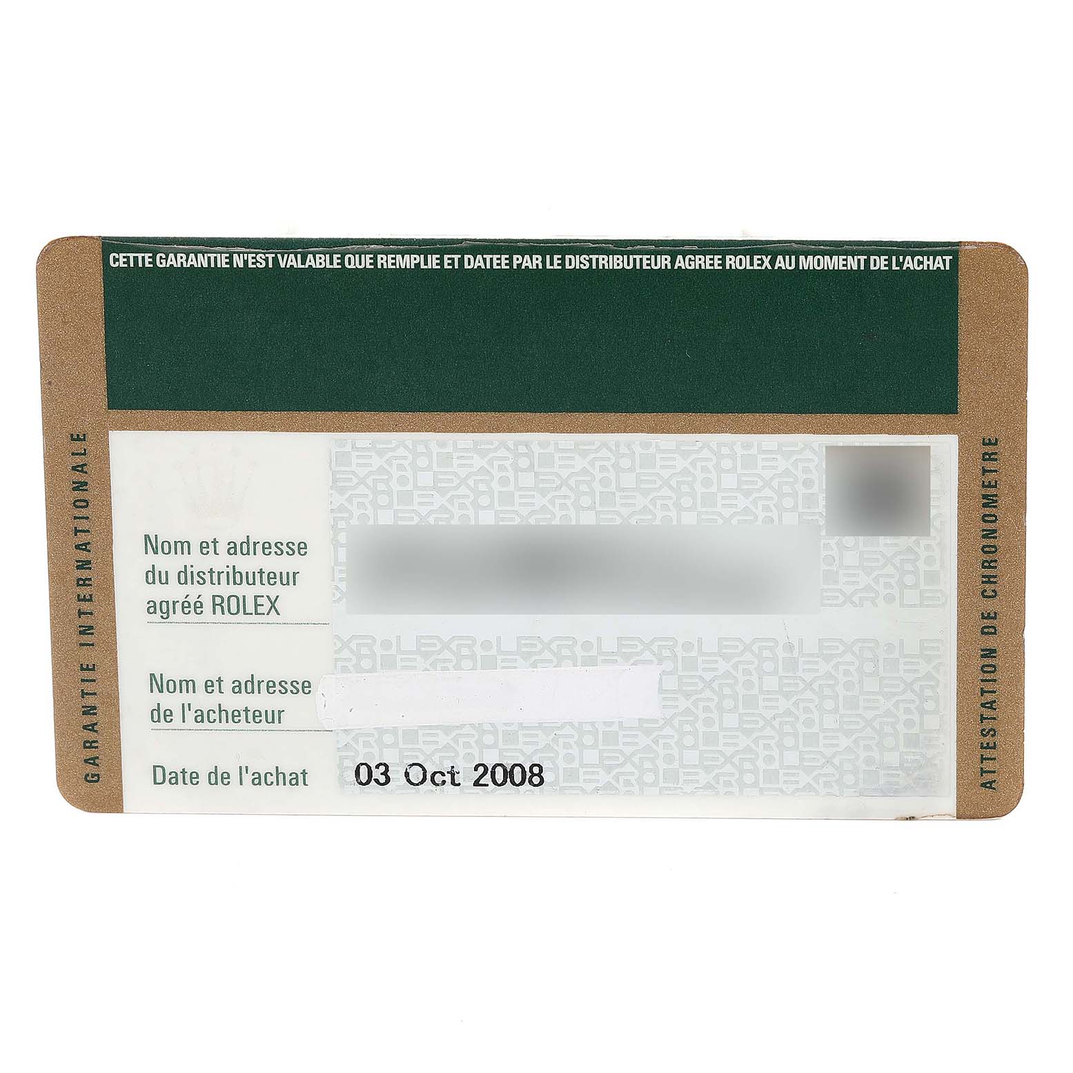 The image shows a Rolex Submariner 16613 Men
s Stainless Steel Blue Dial 16613 Men
s Stainless Steel Blue Dial warranty card with purchase date, distributor, and purchaser information.