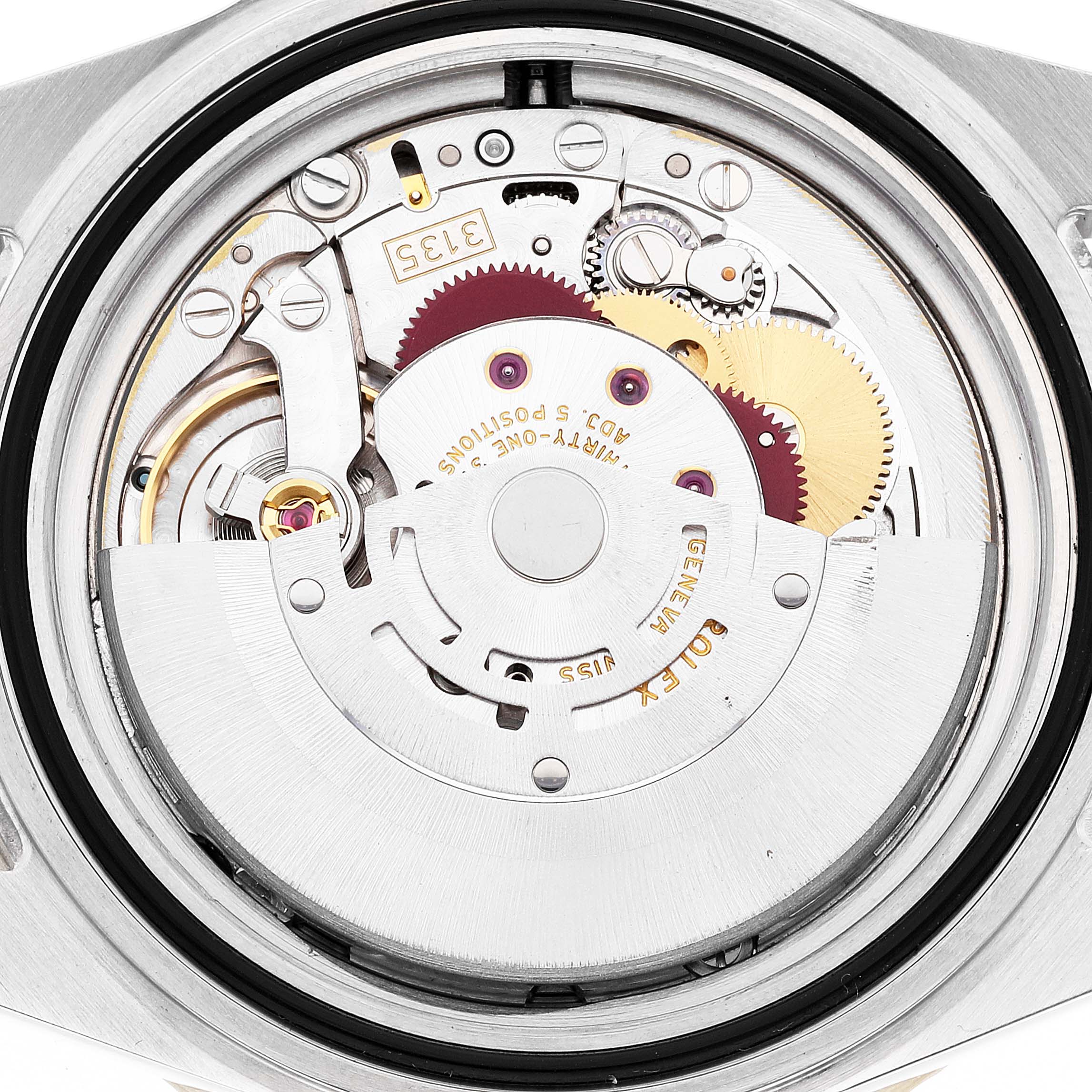 This image shows an interior close-up of the Rolex Submariner 16613 Men
s Stainless Steel Blue Dial 16613 Men
s Stainless Steel Blue Dial
s mechanical movement from the back case.