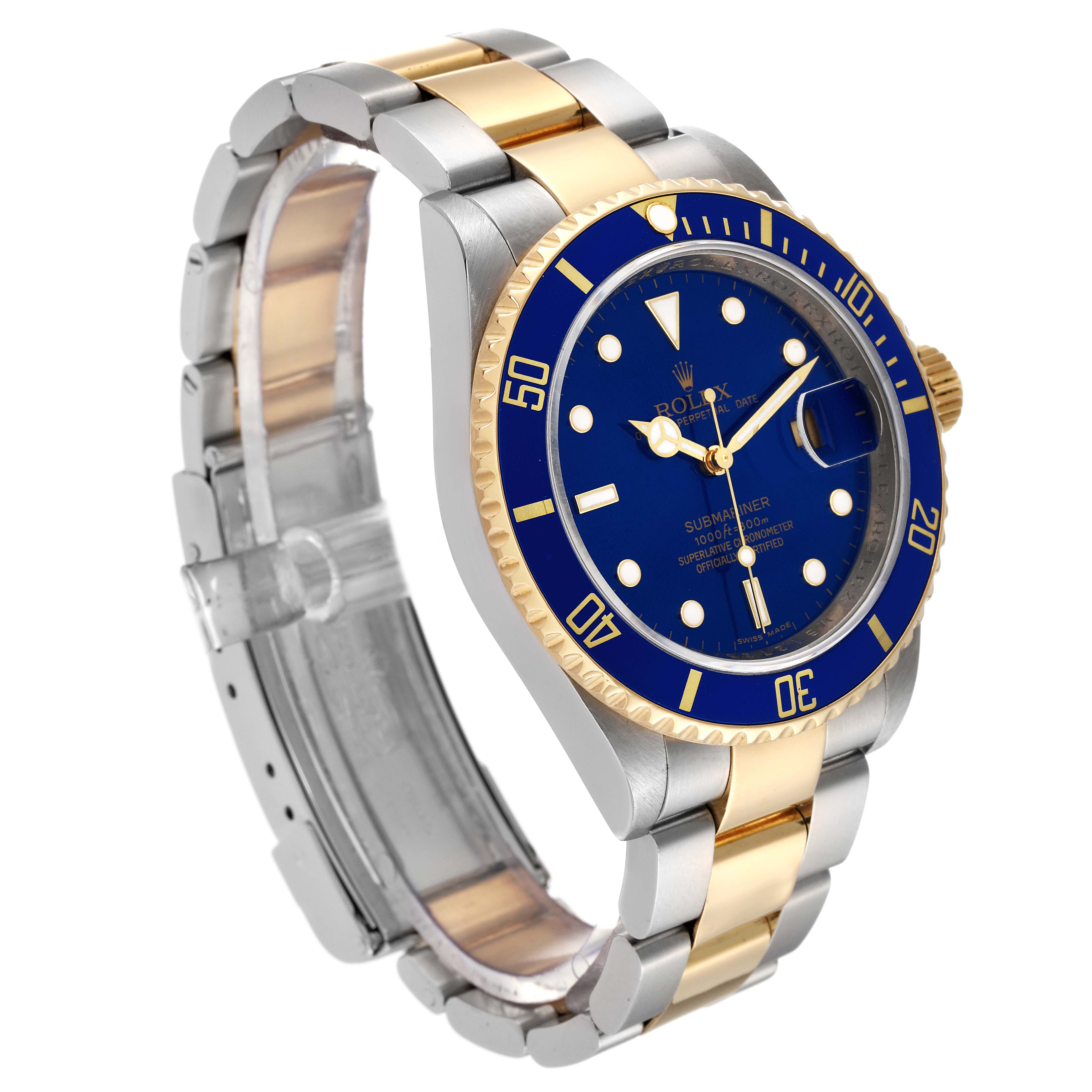 The image shows a right-side angle of a Rolex Submariner 16613 Men
s Stainless Steel Blue Dial 16613 Men
s Stainless Steel Blue Dial watch, highlighting its blue dial, bezel, and two-tone bracelet.