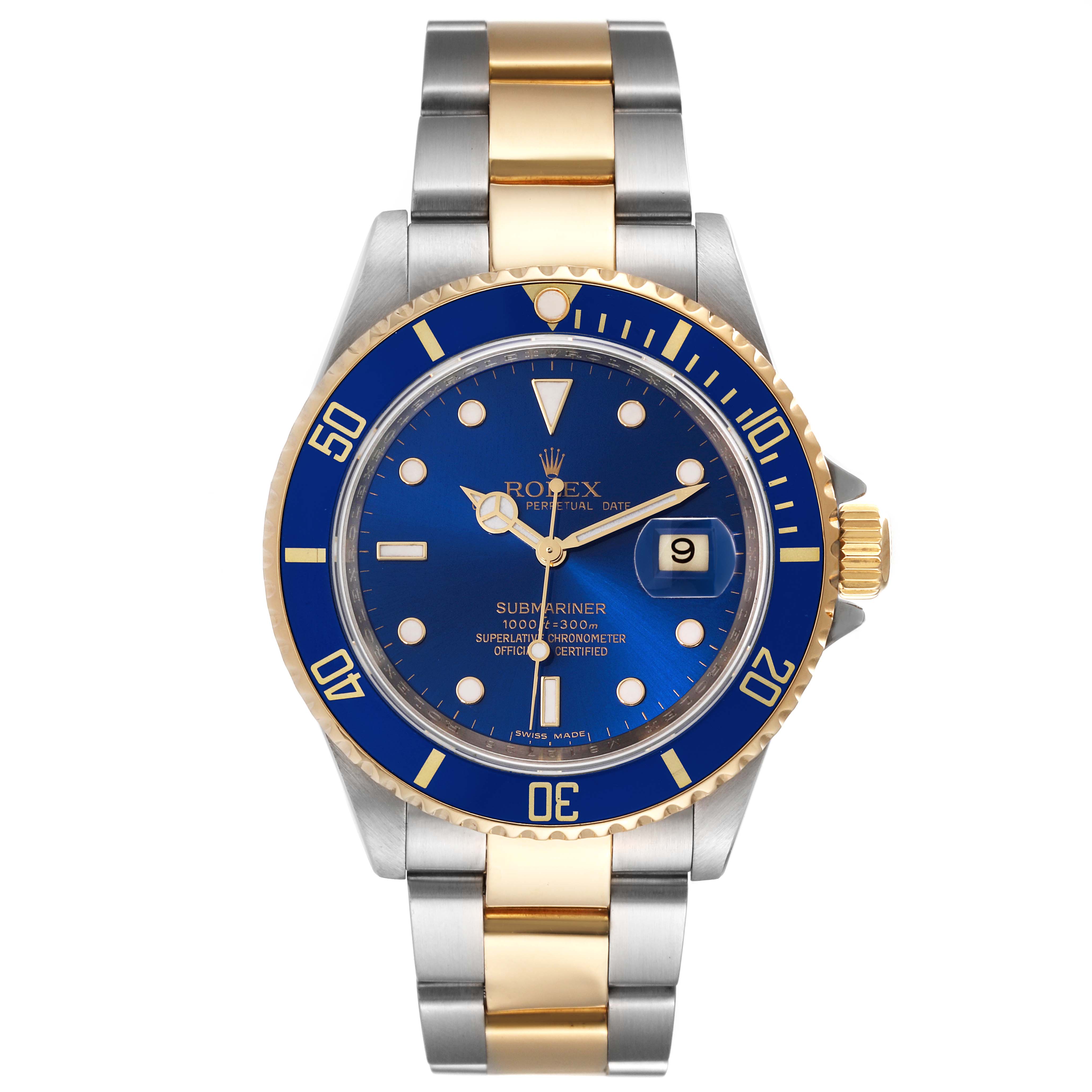 The image shows a front view of a Rolex Submariner 16613 Men
s Stainless Steel Blue Dial 16613 Men
s Stainless Steel Blue Dial watch, highlighting its blue dial, bezel, and two-tone metal bracelet.
