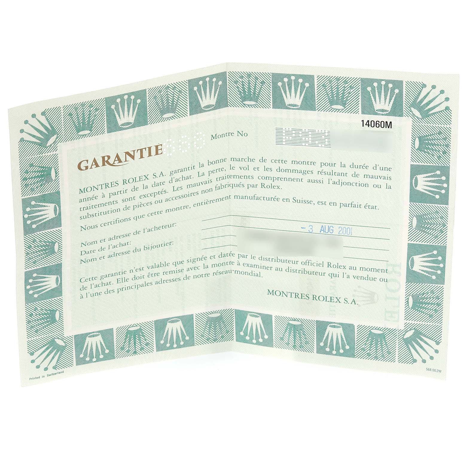 The image shows a warranty card for the Rolex Submariner 14060 Men
s Stainless Steel Black Dial 14060 Men
s Stainless Steel Black Dial watch, featuring text and a green border with Rolex logos.