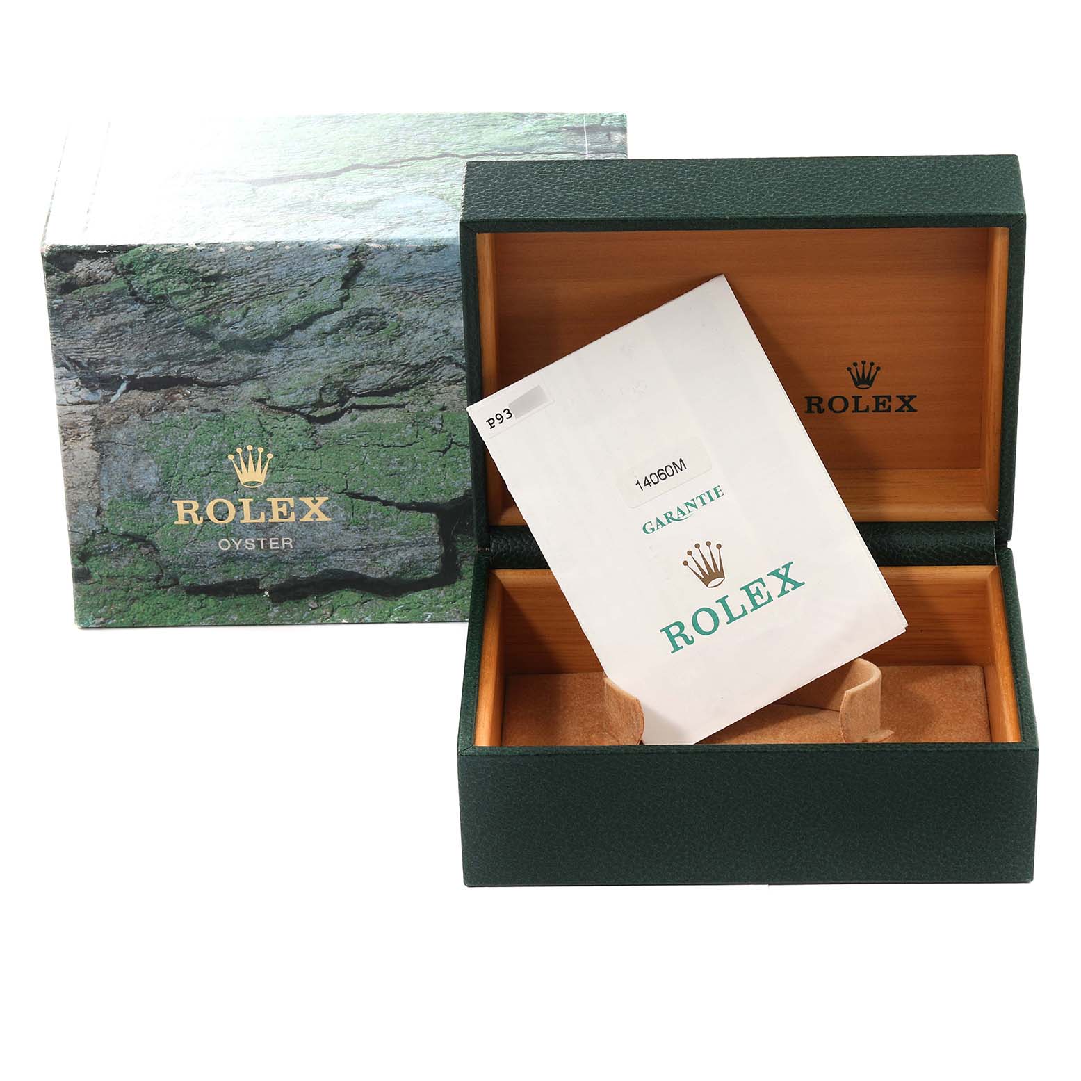 The image shows a Rolex Submariner 14060 Men
s Stainless Steel Black Dial 14060 Men
s Stainless Steel Black Dial packaging, including the watch box and guarantee card, viewed from the front.