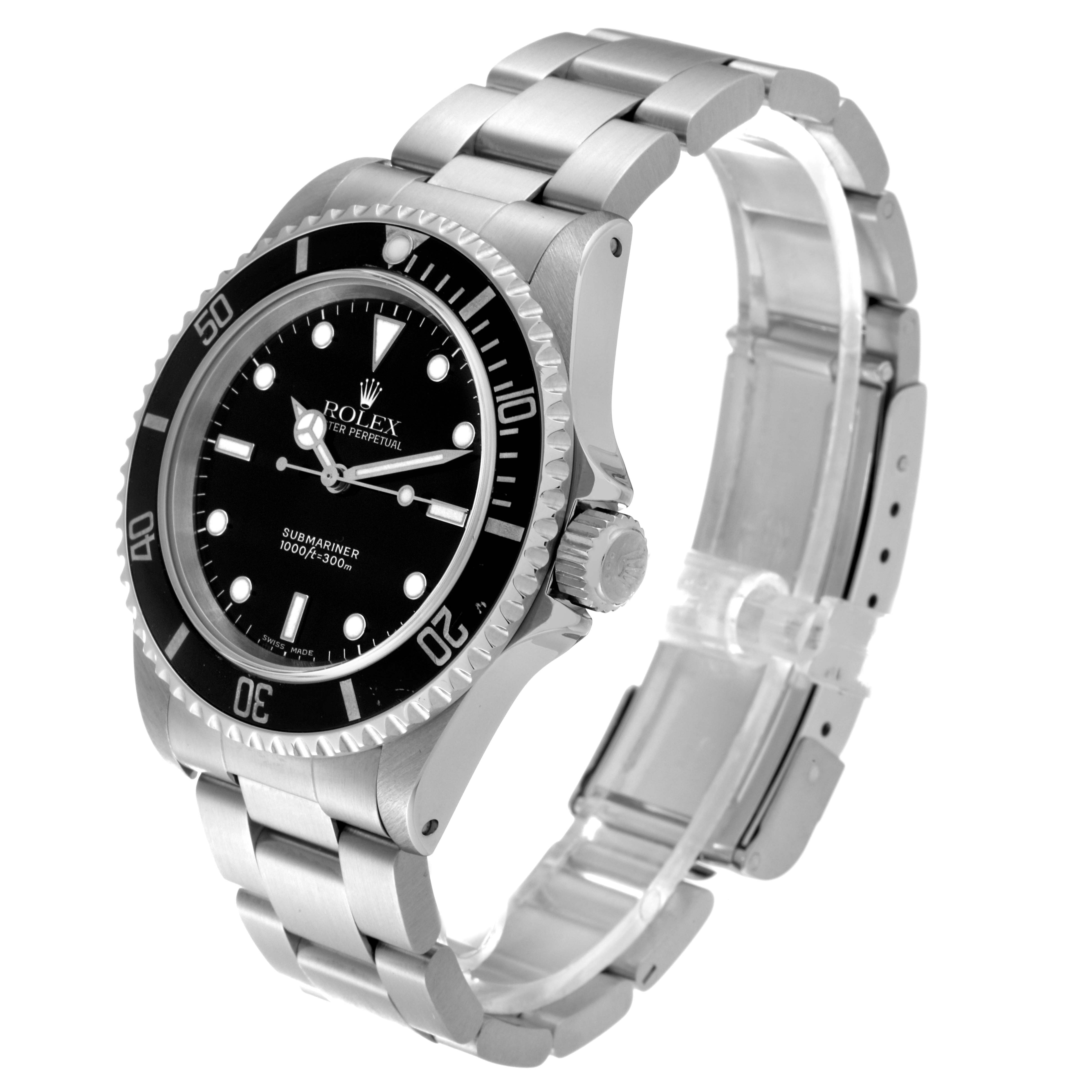This image shows a Rolex Submariner 14060 Men
s Stainless Steel Black Dial 14060 Men
s Stainless Steel Black Dial watch at a three-quarter angle, highlighting the face, bezel, crown, and bracelet.