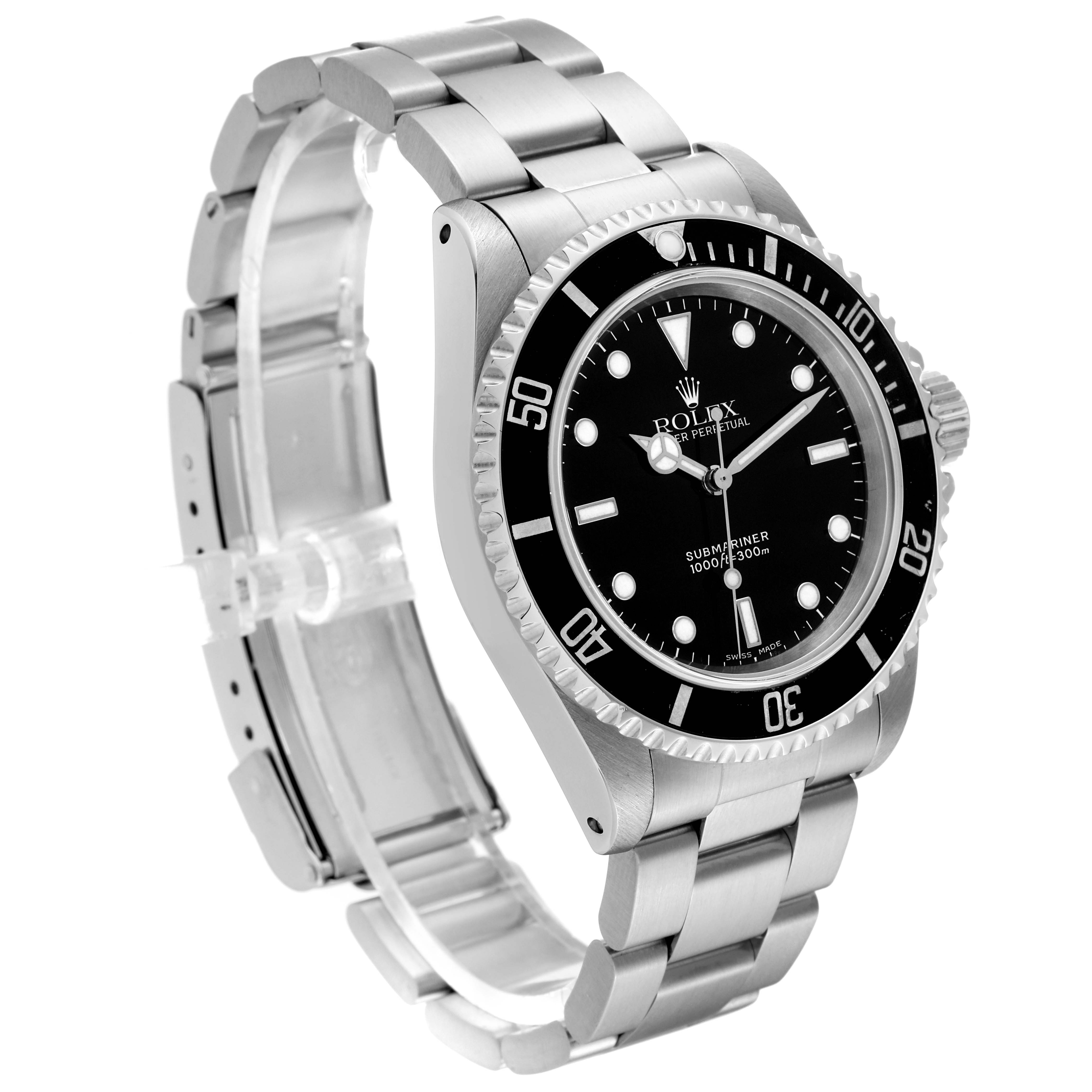 The Rolex Submariner 14060 Men
s Stainless Steel Black Dial 14060 Men
s Stainless Steel Black Dial watch is shown at a three-quarter angle, highlighting its face, bezel, crown, and metal bracelet.