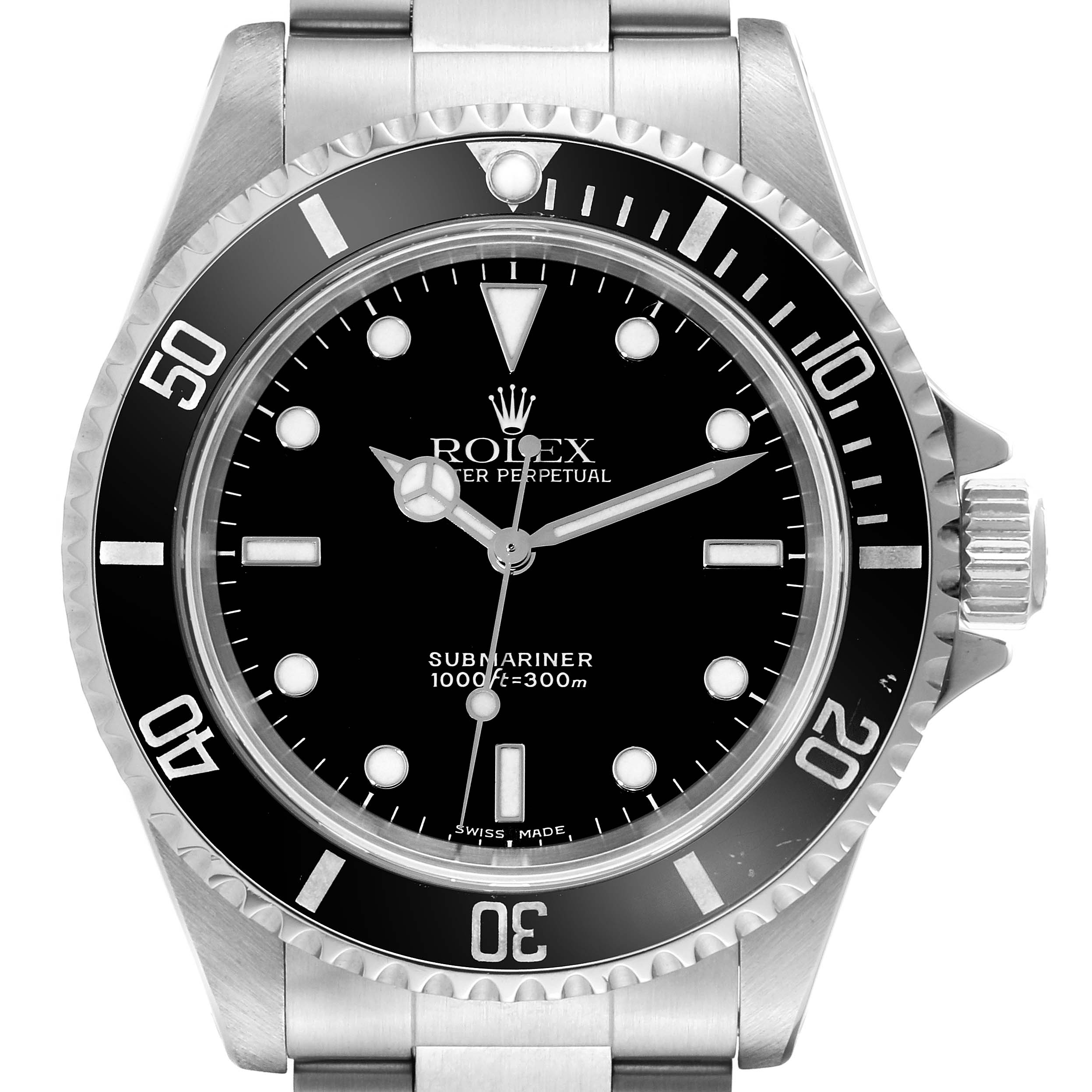 This image shows a front view of the Rolex Submariner 14060 Men
s Stainless Steel Black Dial 14060 Men
s Stainless Steel Black Dial watch, highlighting its black dial and rotating bezel.