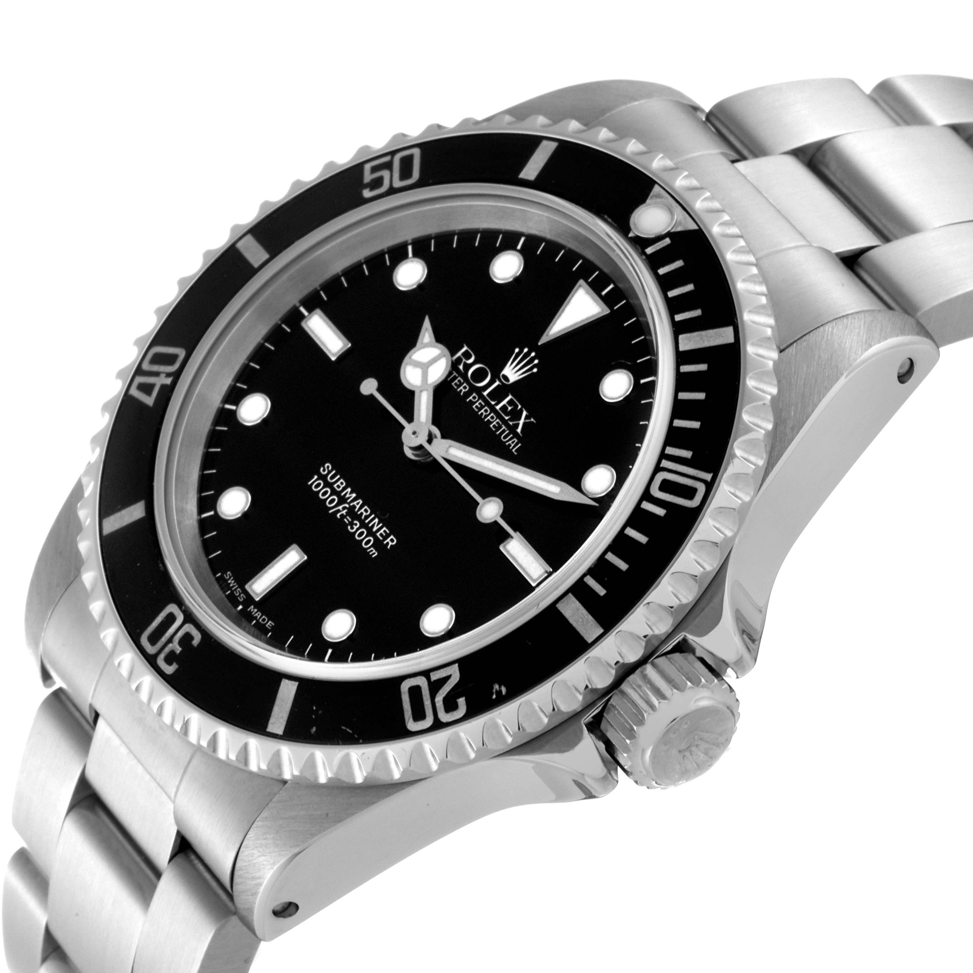 This image shows a side view of the Rolex Submariner 14060 Men
s Stainless Steel Black Dial 14060 Men
s Stainless Steel Black Dial, highlighting the black dial, bezel, crown, and steel bracelet.