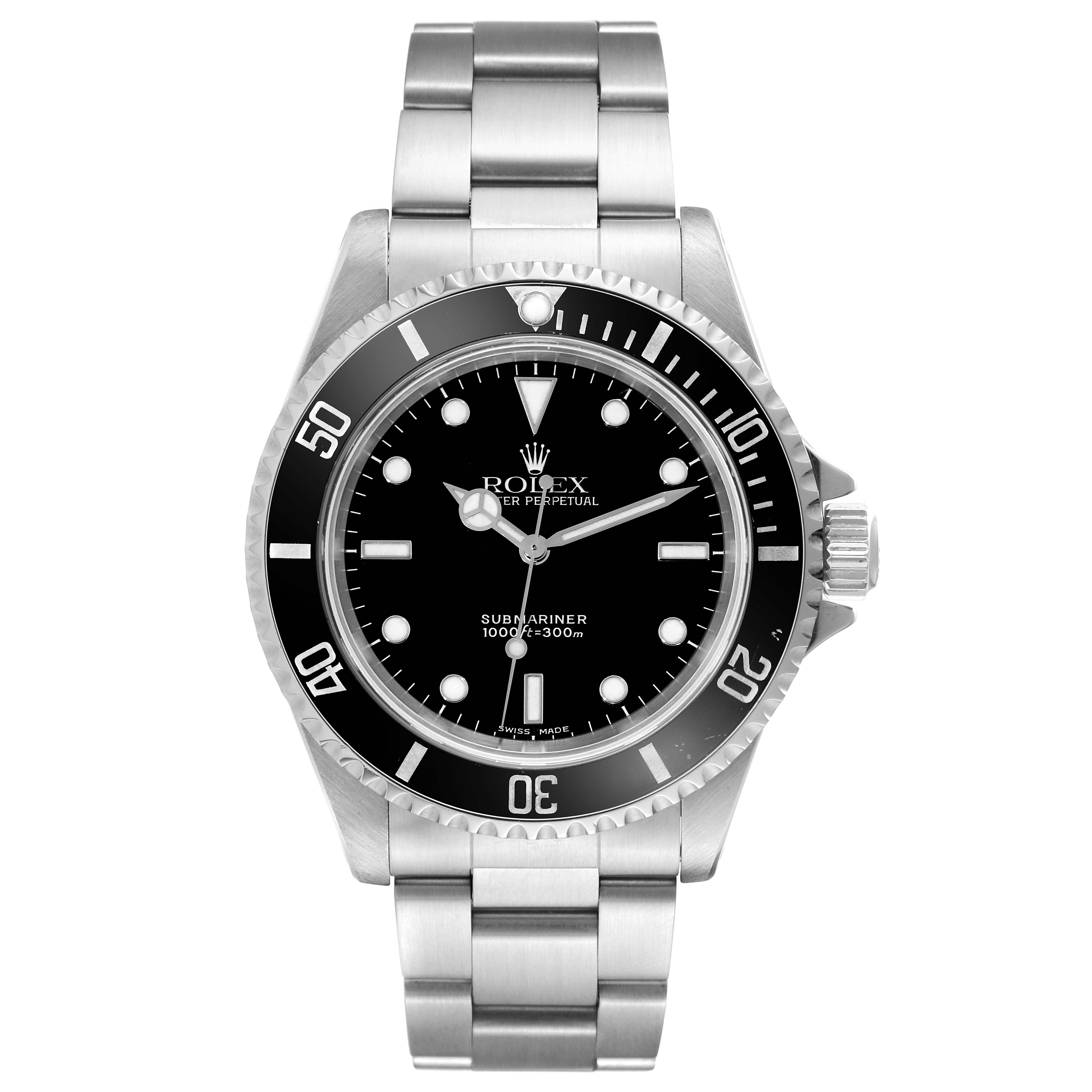 This image shows a front view of the Rolex Submariner 14060 Men
s Stainless Steel Black Dial 14060 Men
s Stainless Steel Black Dial watch, highlighting its dial, bezel, and bracelet.