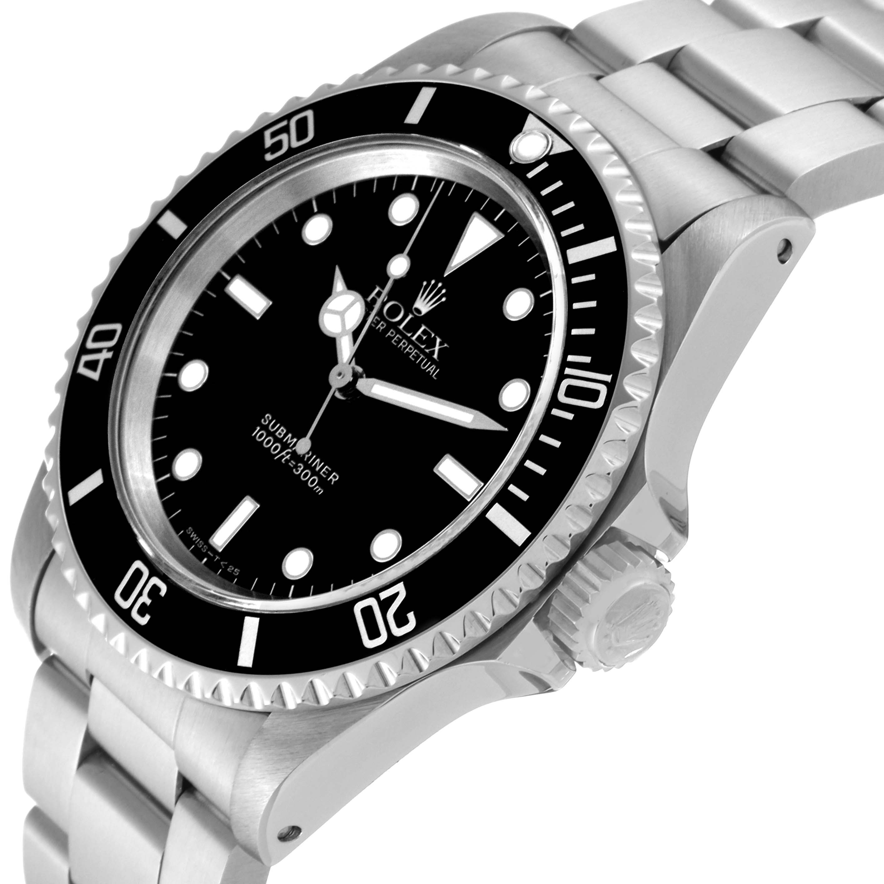 The image shows the Rolex Submariner 14060 Men
s Stainless Steel Black Dial 14060 Men
s Stainless Steel Black Dial watch from a side angle highlighting the bezel, dial, case, and part of the bracelet.