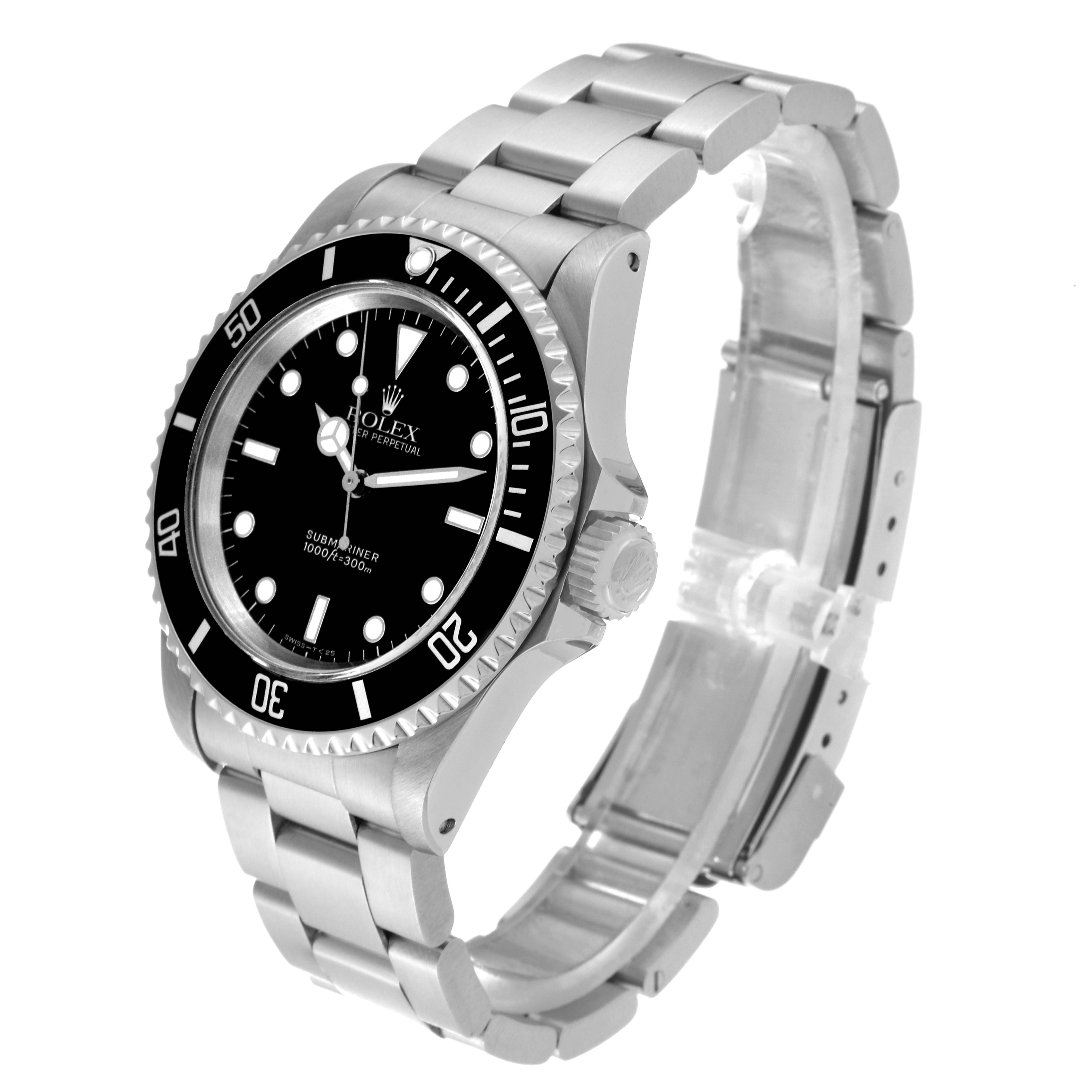 The Rolex Submariner 14060 Men
s Stainless Steel Black Dial 14060 Men
s Stainless Steel Black Dial watch is displayed at a three-quarter angle, showing the face, bezel, crown, and bracelet.