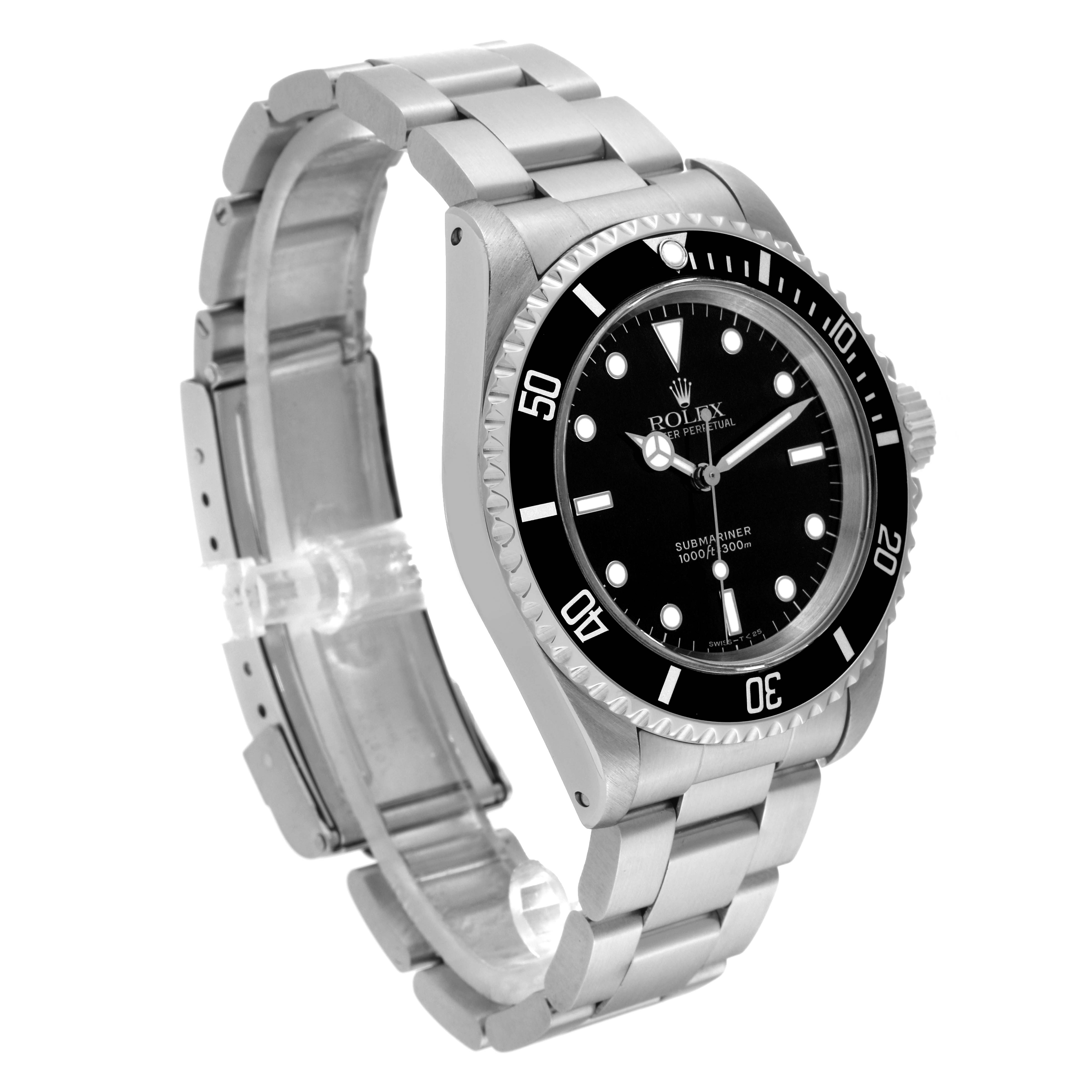 The image shows a Rolex Submariner 14060 Men
s Stainless Steel Black Dial 14060 Men
s Stainless Steel Black Dial watch at a slight angle, highlighting its face, bezel, and metal bracelet.