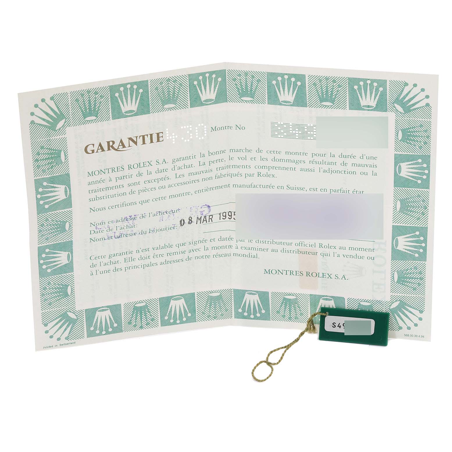 The image shows a warranty certificate and hang tag for the Rolex Submariner 14060 Men
s Stainless Steel Black Dial 14060 Men
s Stainless Steel Black Dial watch model, on a plain background.