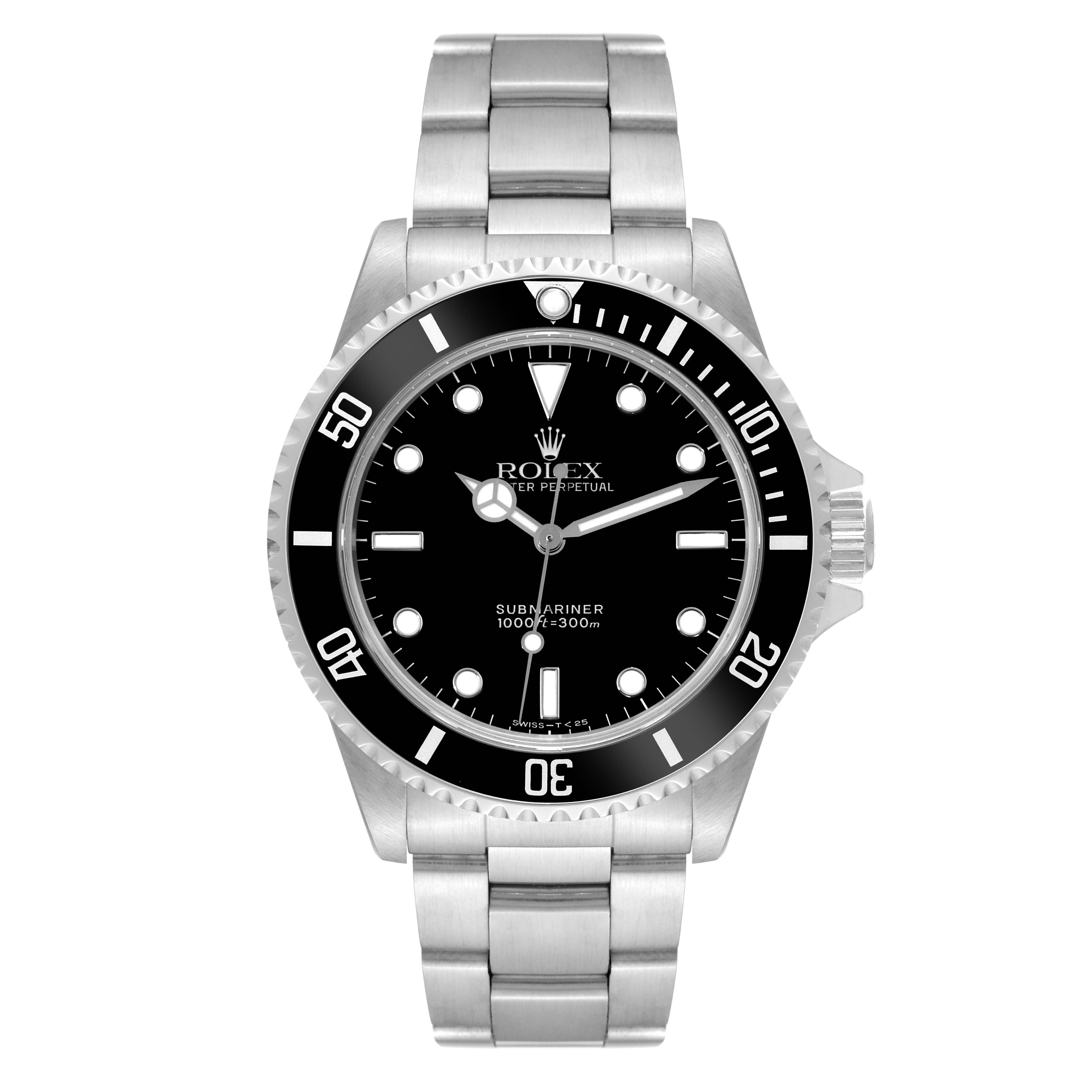 The Rolex Submariner 14060 Men
s Stainless Steel Black Dial 14060 Men
s Stainless Steel Black Dial watch is shown from a straight-on angle, displaying the dial, bezel, bracelet, and crown.