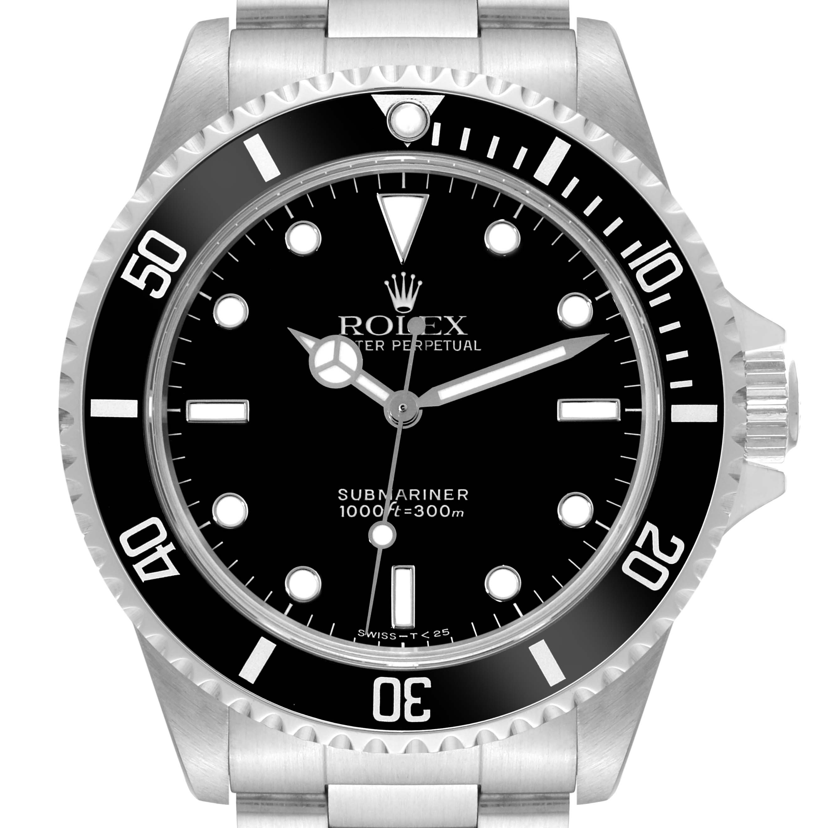 This image shows a front view of a Rolex Submariner 14060 Men
s Stainless Steel Black Dial 14060 Men
s Stainless Steel Black Dial watch, detailing the dial, bezel, and part of the bracelet.