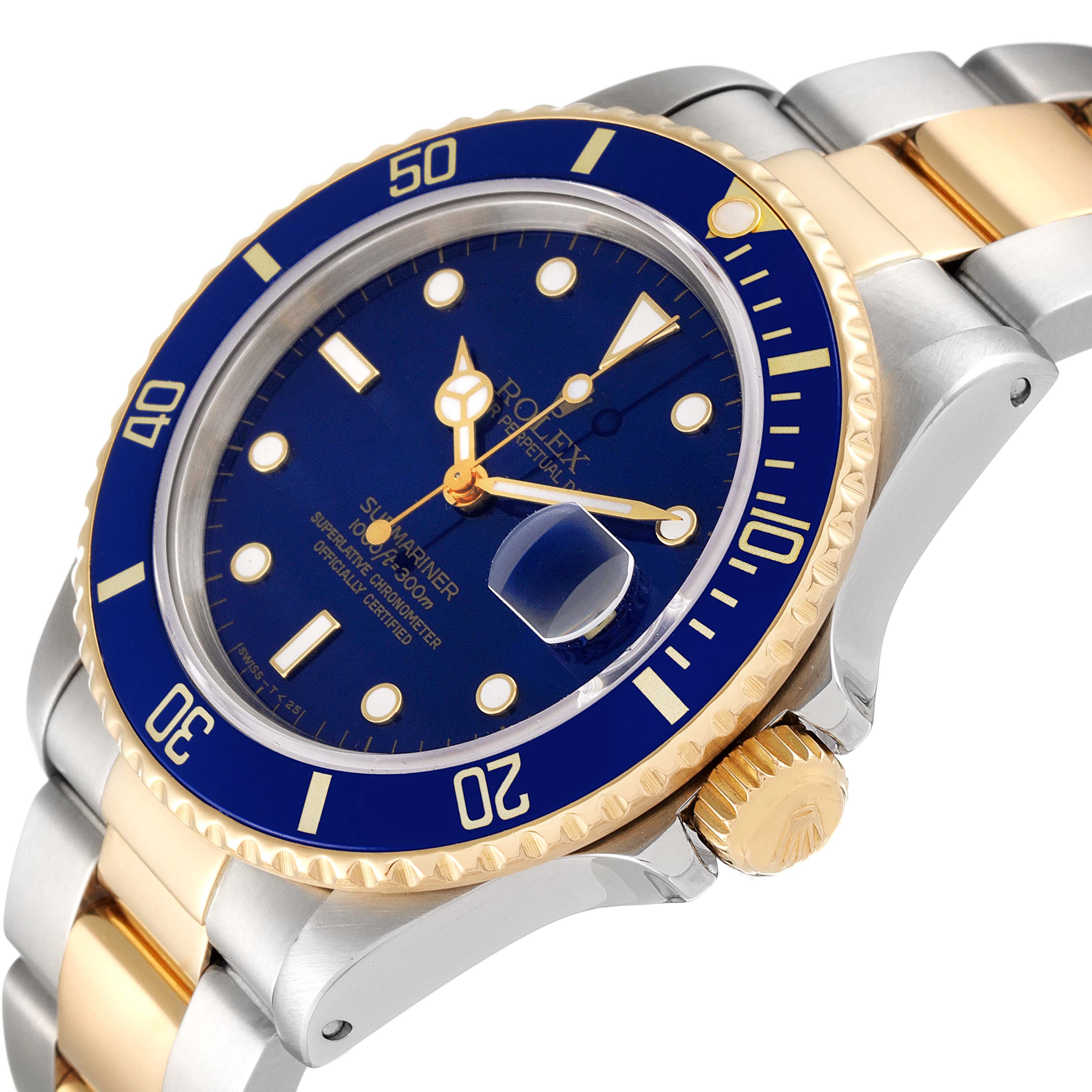 The image shows a close-up angled view of the Rolex Submariner 16803 Men
s Steel and Gold (two tone) Blue Dial 16803 Men
s Steel and Gold (two tone) Blue Dial, highlighting its blue dial and bezel, gold crown, and two-tone bracelet.