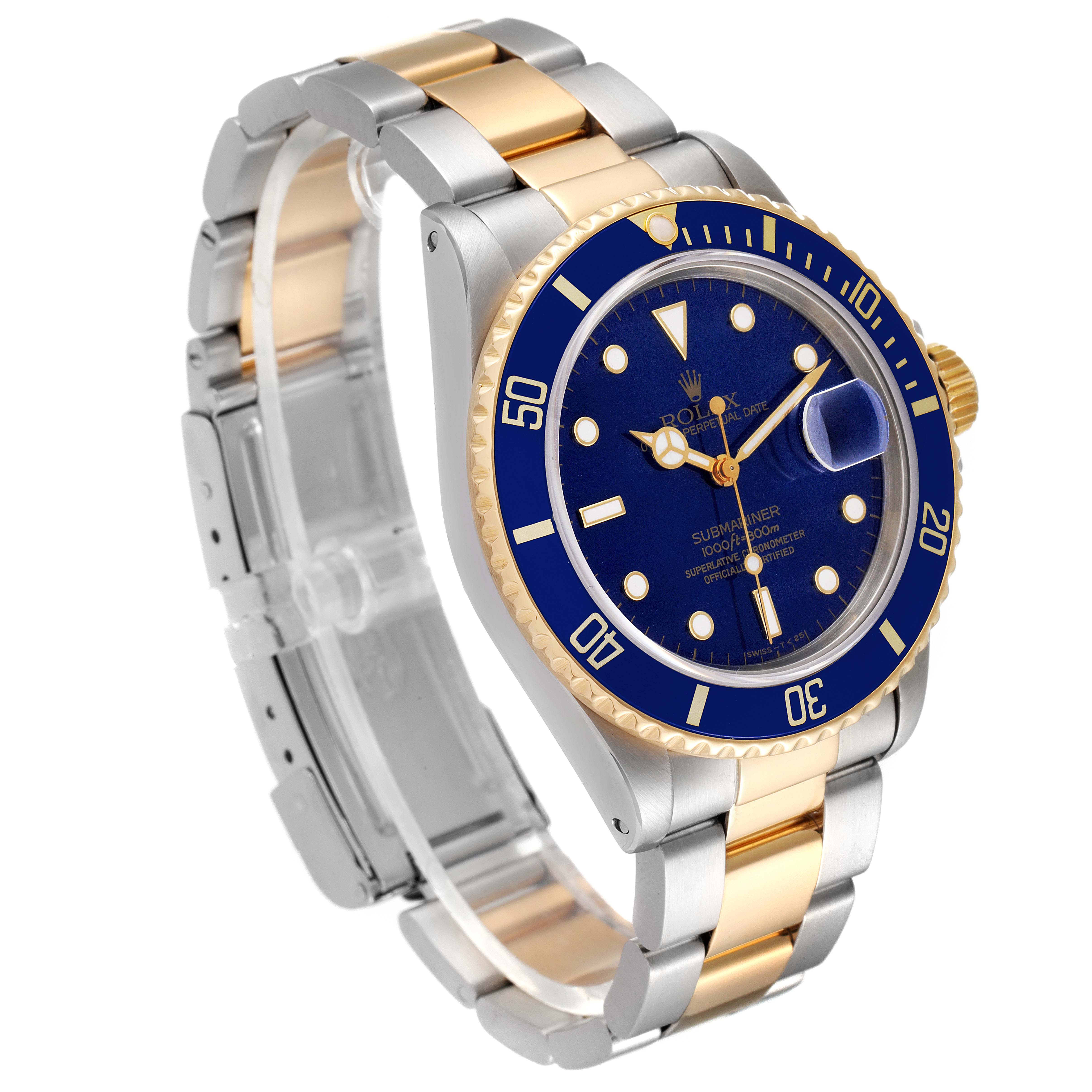 The image shows a Rolex Submariner 16803 Men
s Steel and Gold (two tone) Blue Dial 16803 Men
s Steel and Gold (two tone) Blue Dial watch at a three-quarter angle, featuring a blue dial and two-tone bracelet.