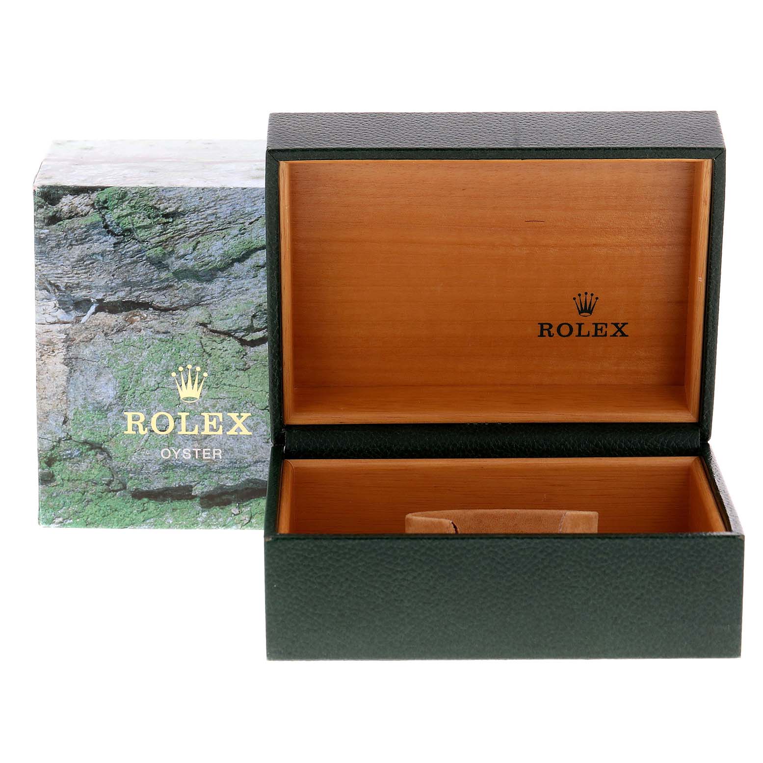 This image shows an open Rolex Submariner 16803 Men
s Steel and Gold (two tone) Blue Dial 16803 Men
s Steel and Gold (two tone) Blue Dial watch box and its outer packaging.