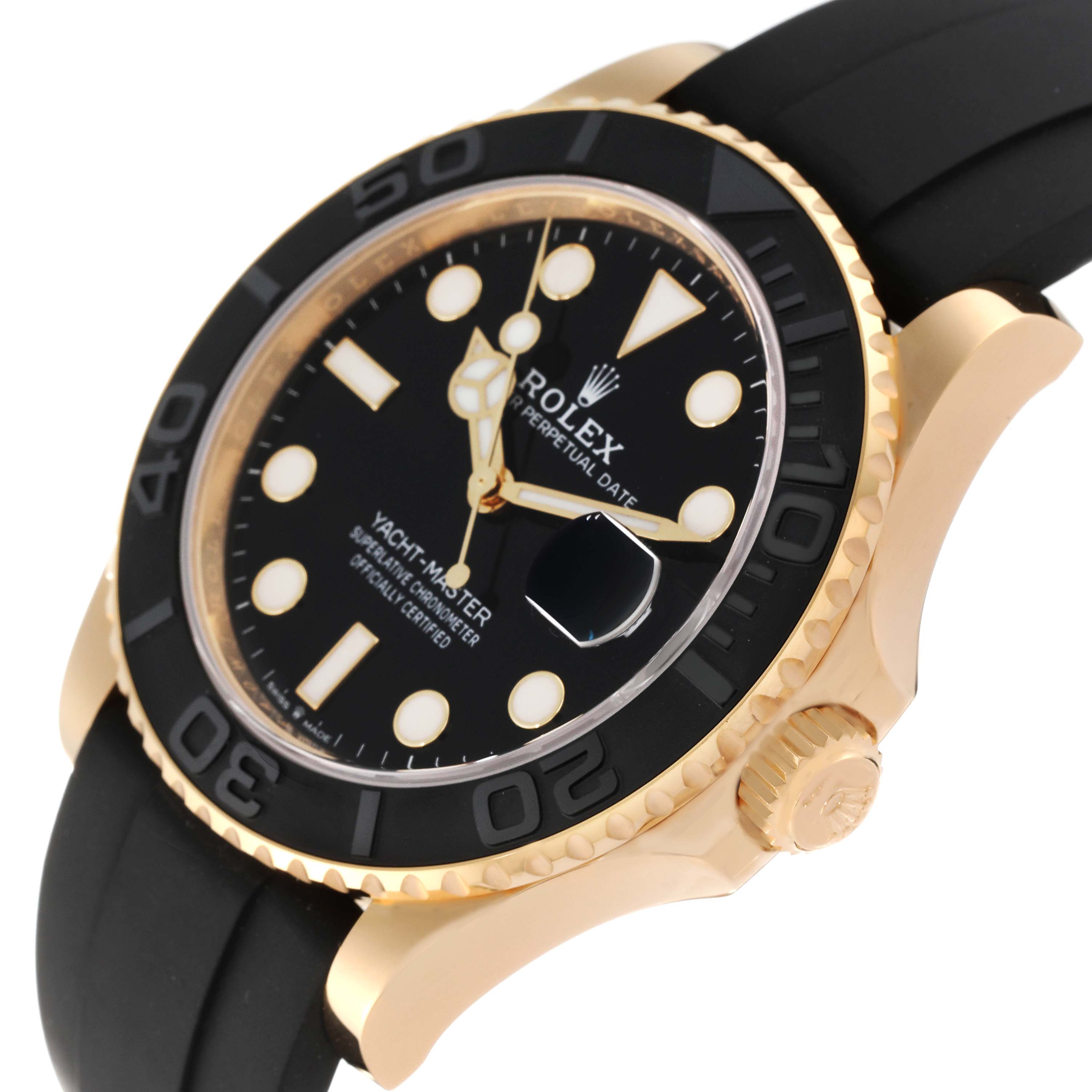 The angle shows a close-up of the Rolex Yacht-Master 226658 Men's Yellow Gold Black Dial 226658 Men's Yellow Gold Black Dial watch face, bezel, crown, and part of the strap.
