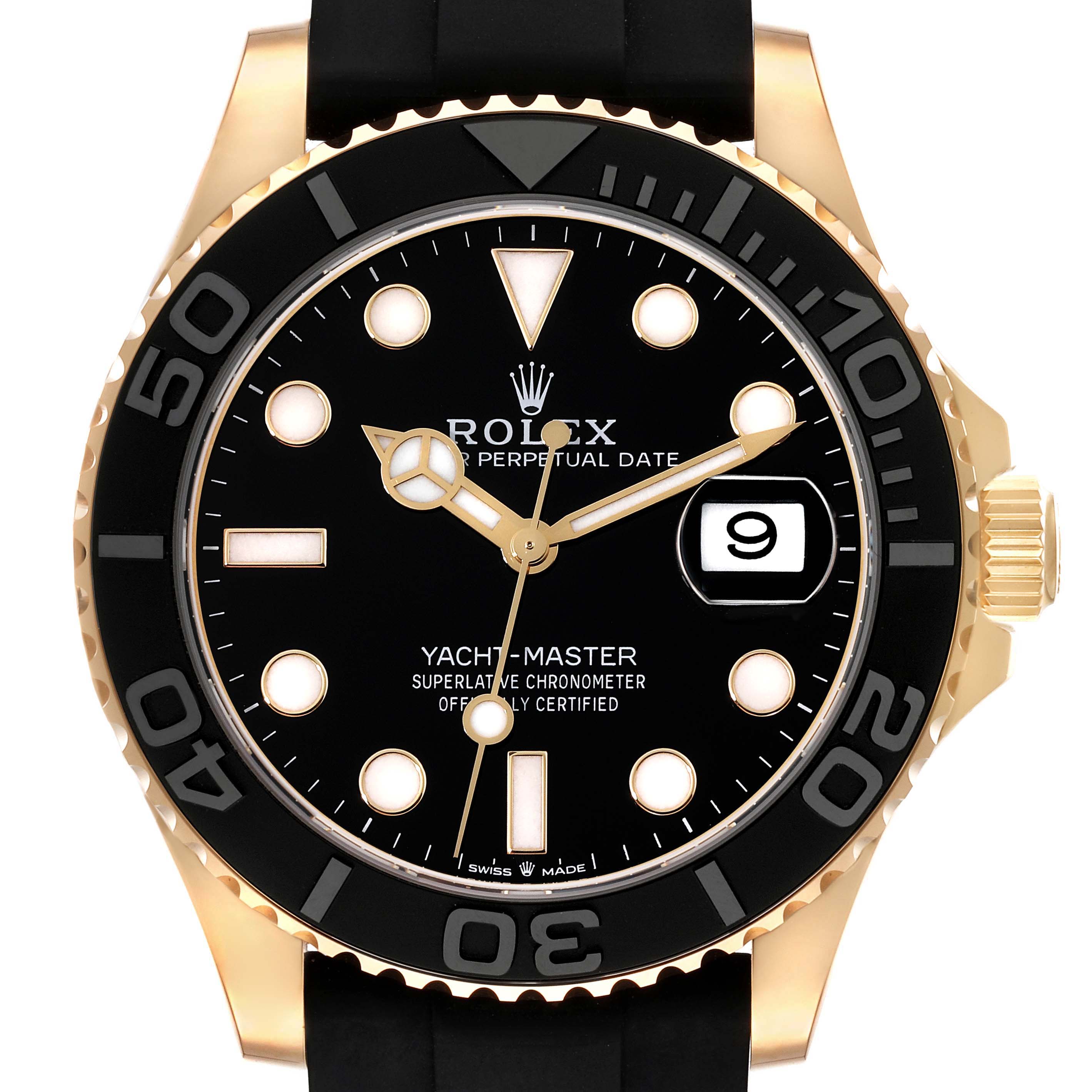 The Rolex Yacht-Master 226658 Men's Yellow Gold Black Dial 226658 Men's Yellow Gold Black Dial watch is shown from a front angle, highlighting the dial, bezel, and a portion of the strap.