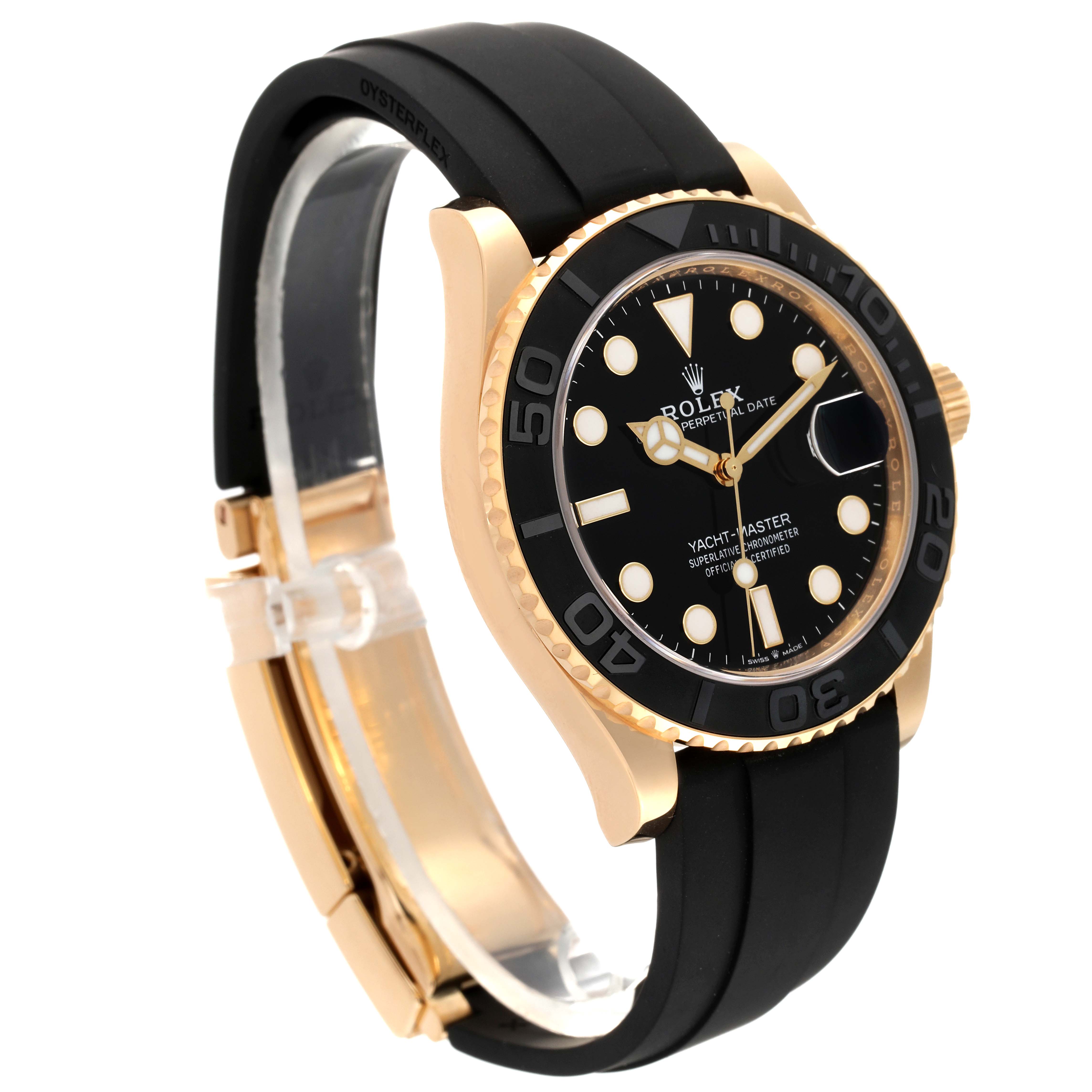 The image shows a side angle of a Rolex Yacht-Master 226658 Men's Yellow Gold Black Dial 226658 Men's Yellow Gold Black Dial watch, highlighting the black dial, bezel, and black rubber strap.