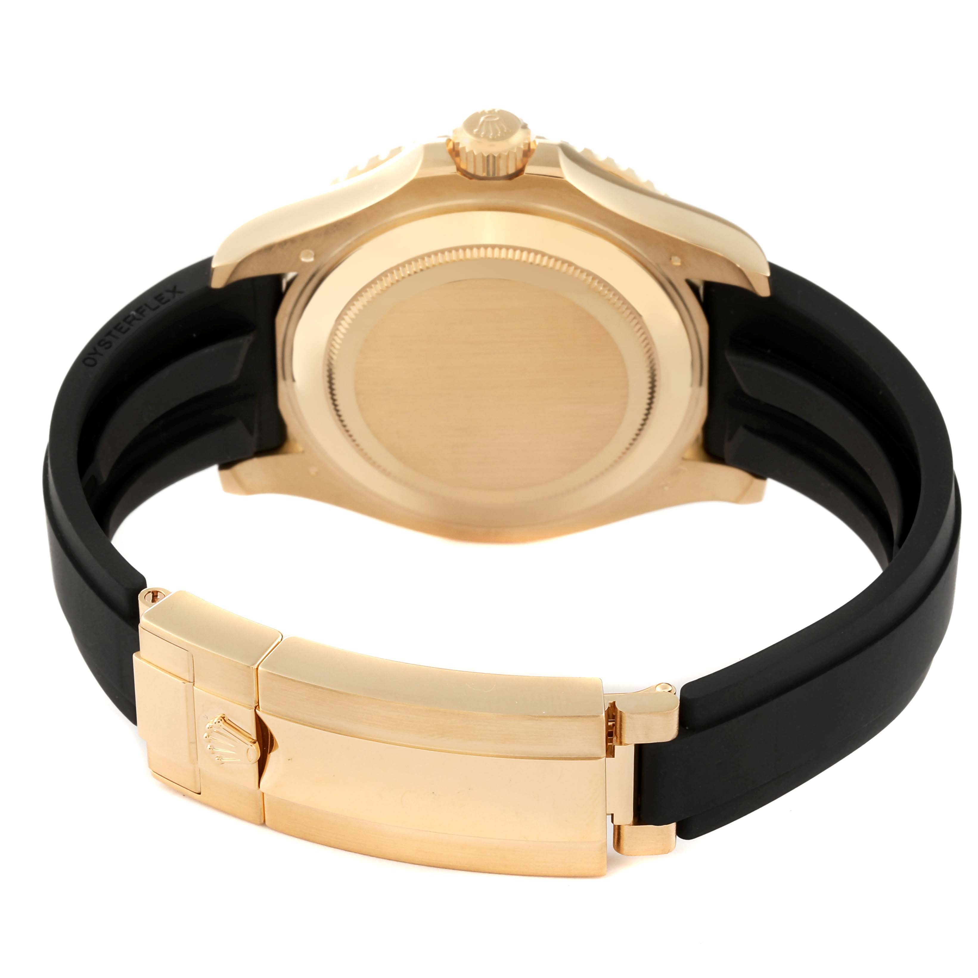 The Rolex Yacht-Master 226658 Men's Yellow Gold Black Dial 226658 Men's Yellow Gold Black Dial watch is shown from the back, highlighting the case back, crown, and clasp with an Oysterflex bracelet.
