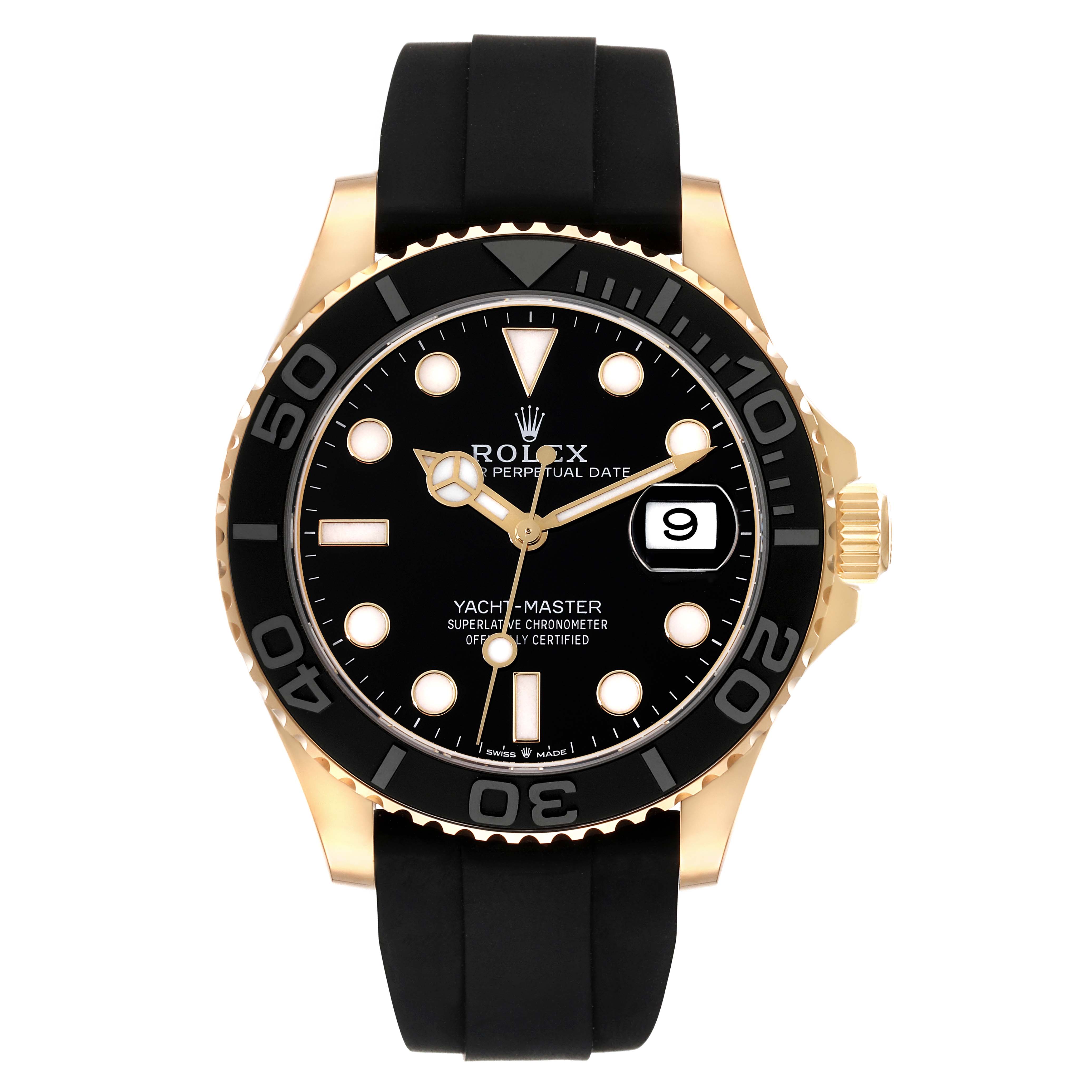 The image shows a front view of a Rolex Yacht-Master 226658 Men's Yellow Gold Black Dial 226658 Men's Yellow Gold Black Dial watch featuring a black dial, gold case, and black rubber strap.