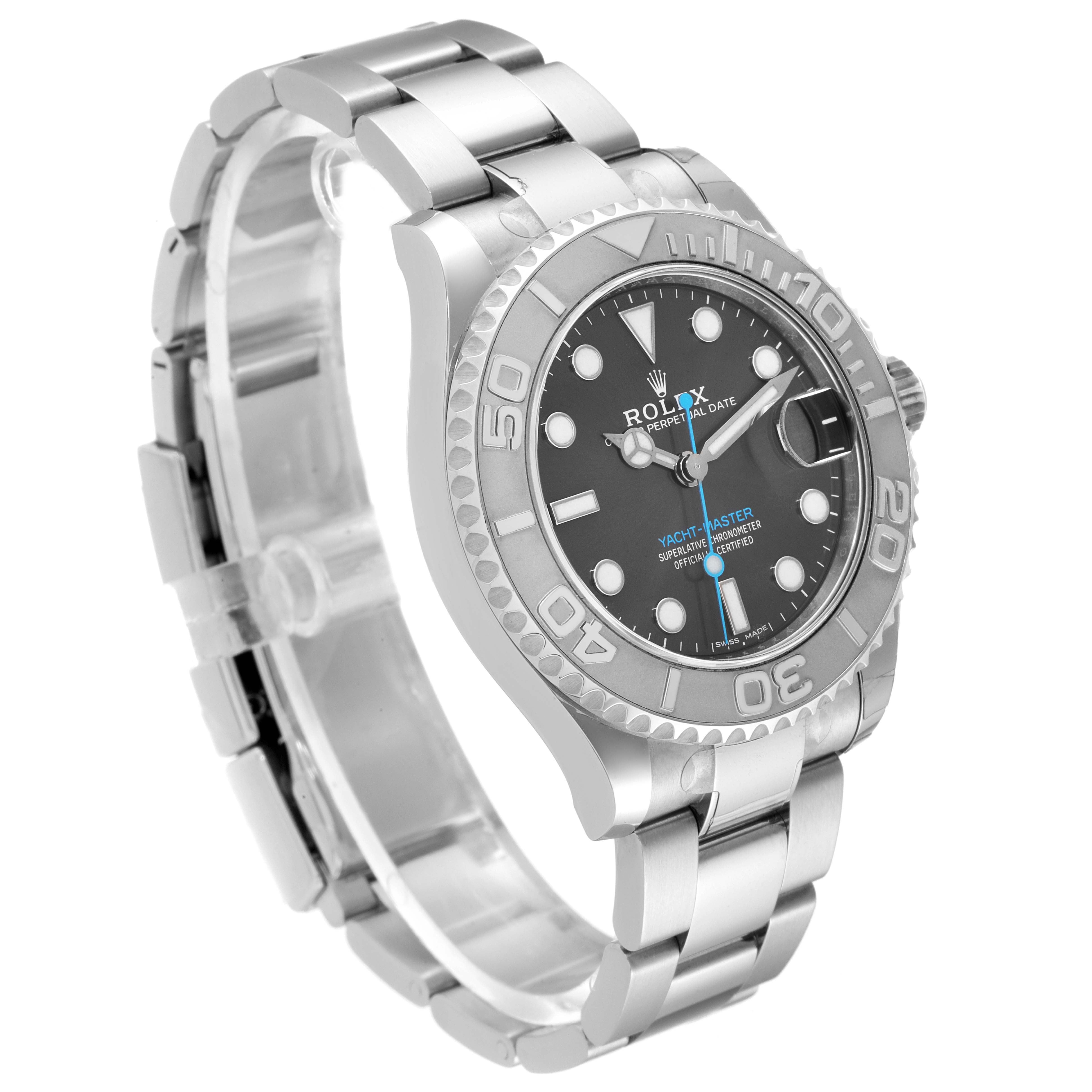 The image shows a side-angle view of a Rolex Yacht-Master 268622 Men's Stainless Steel Grey Dial 268622 Men's Stainless Steel Grey Dial watch, displaying its face, bezel, and bracelet.