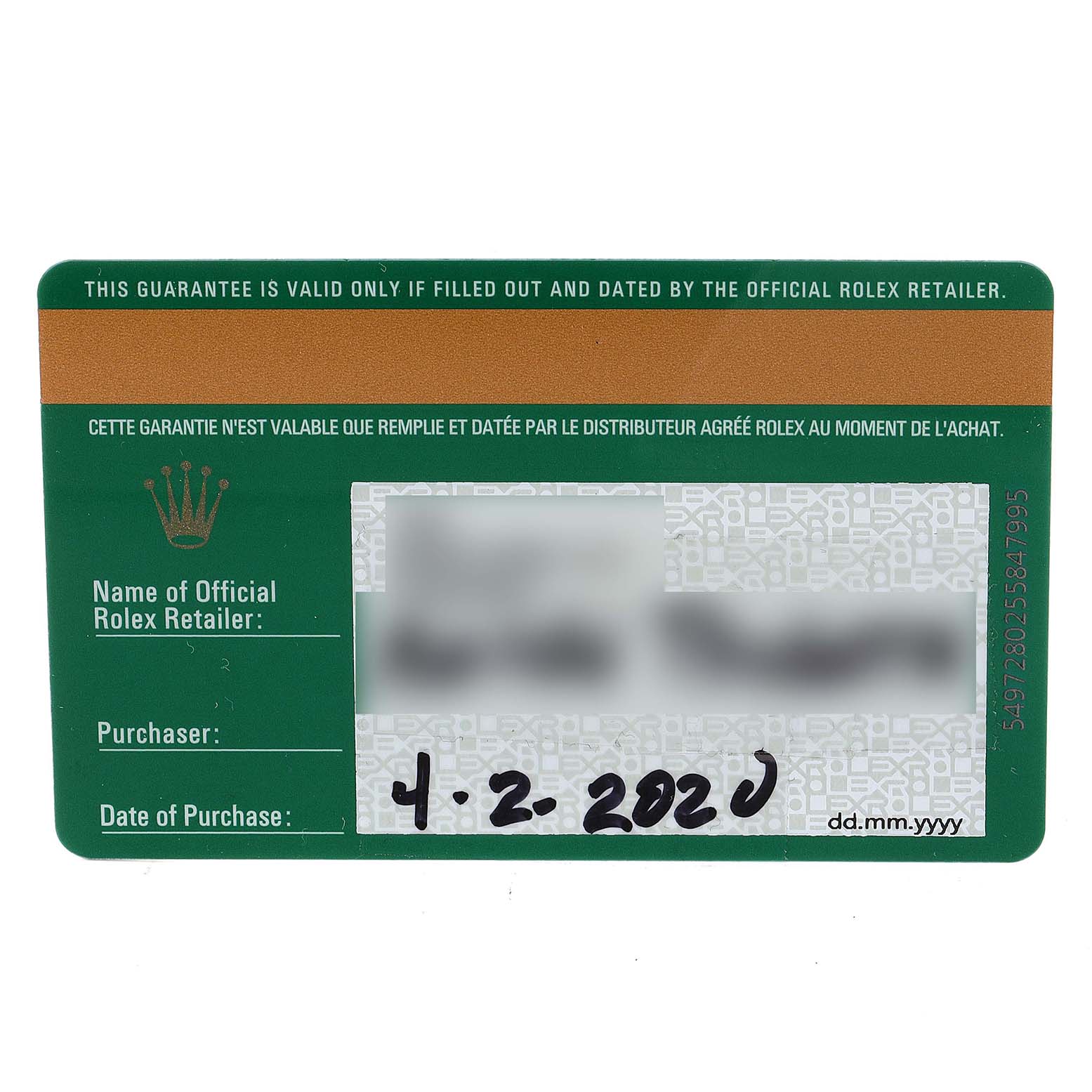 The image shows the guarantee card for the Rolex Yacht-Master 268622 Men's Stainless Steel Grey Dial 268622 Men's Stainless Steel Grey Dial watch, including the purchase date.