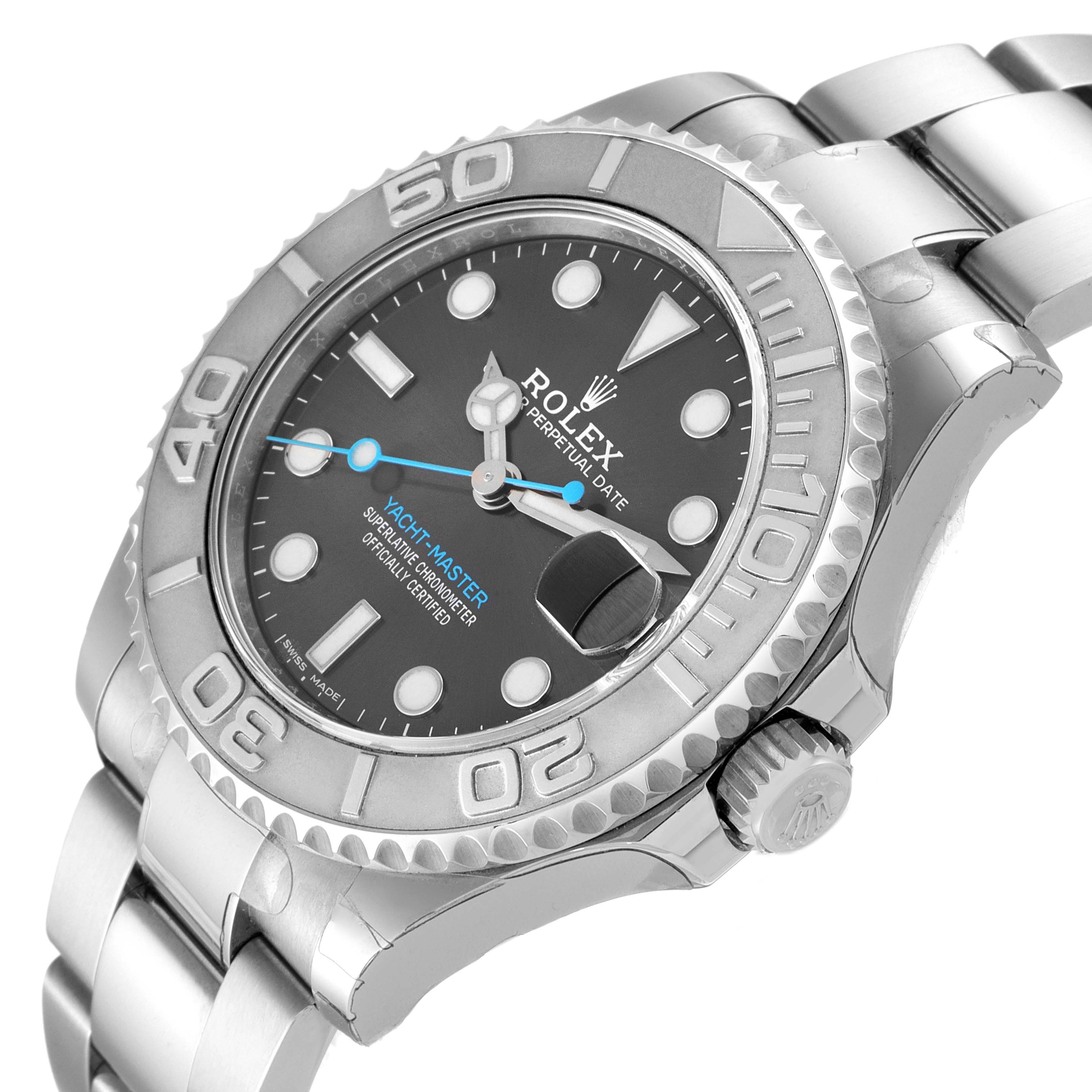 This Rolex Yacht-Master 268622 Men's Stainless Steel Grey Dial 268622 Men's Stainless Steel Grey Dial watch is shown at a slight angle, highlighting the bezel, dial, and part of the bracelet.