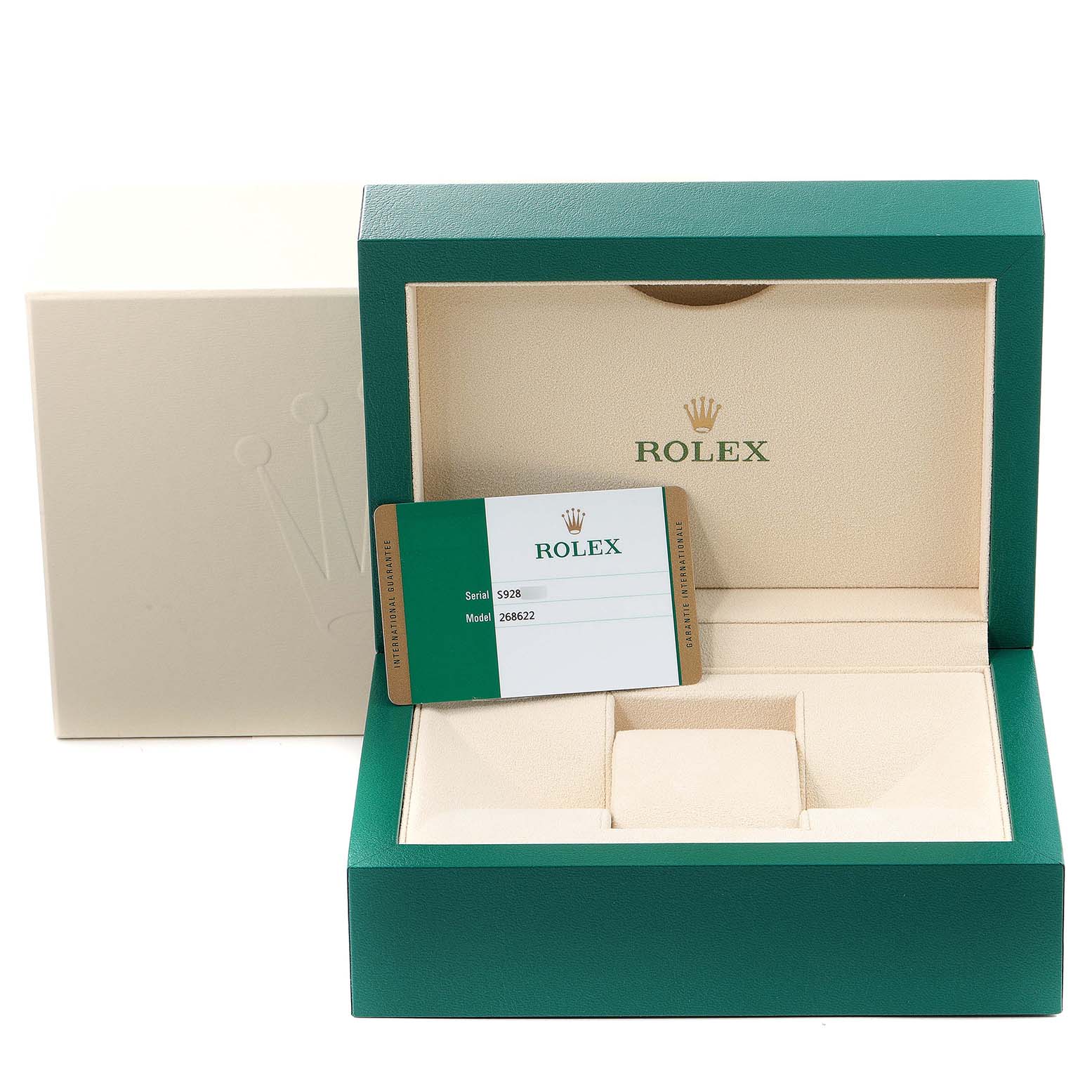 The image shows an open Rolex Yacht-Master 268622 Men's Stainless Steel Grey Dial 268622 Men's Stainless Steel Grey Dial watch box with a card inside.