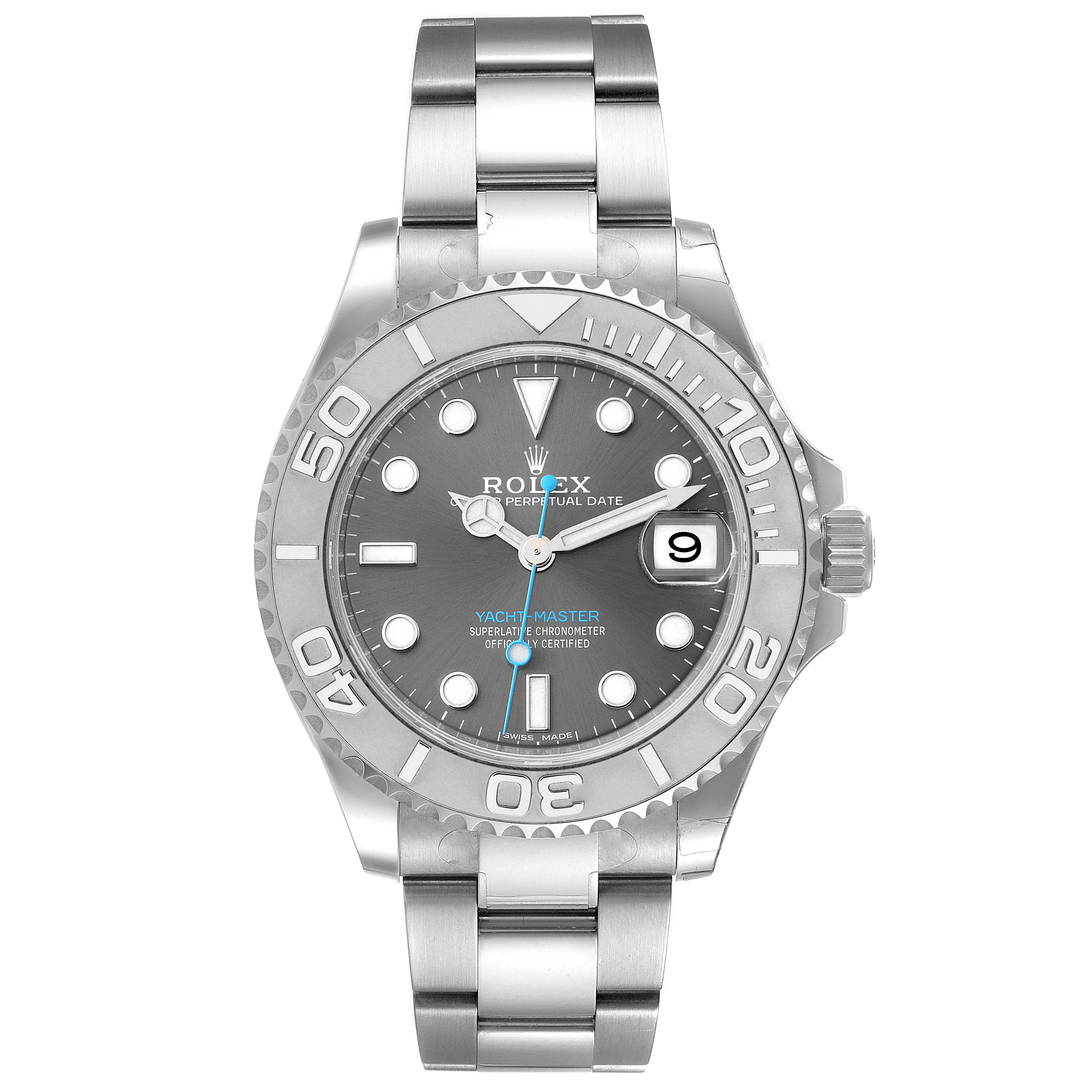 The image shows a Rolex Yacht-Master 268622 Men's Stainless Steel Grey Dial 268622 Men's Stainless Steel Grey Dial watch facing straight on, highlighting the dial, bezel, and part of the bracelet.