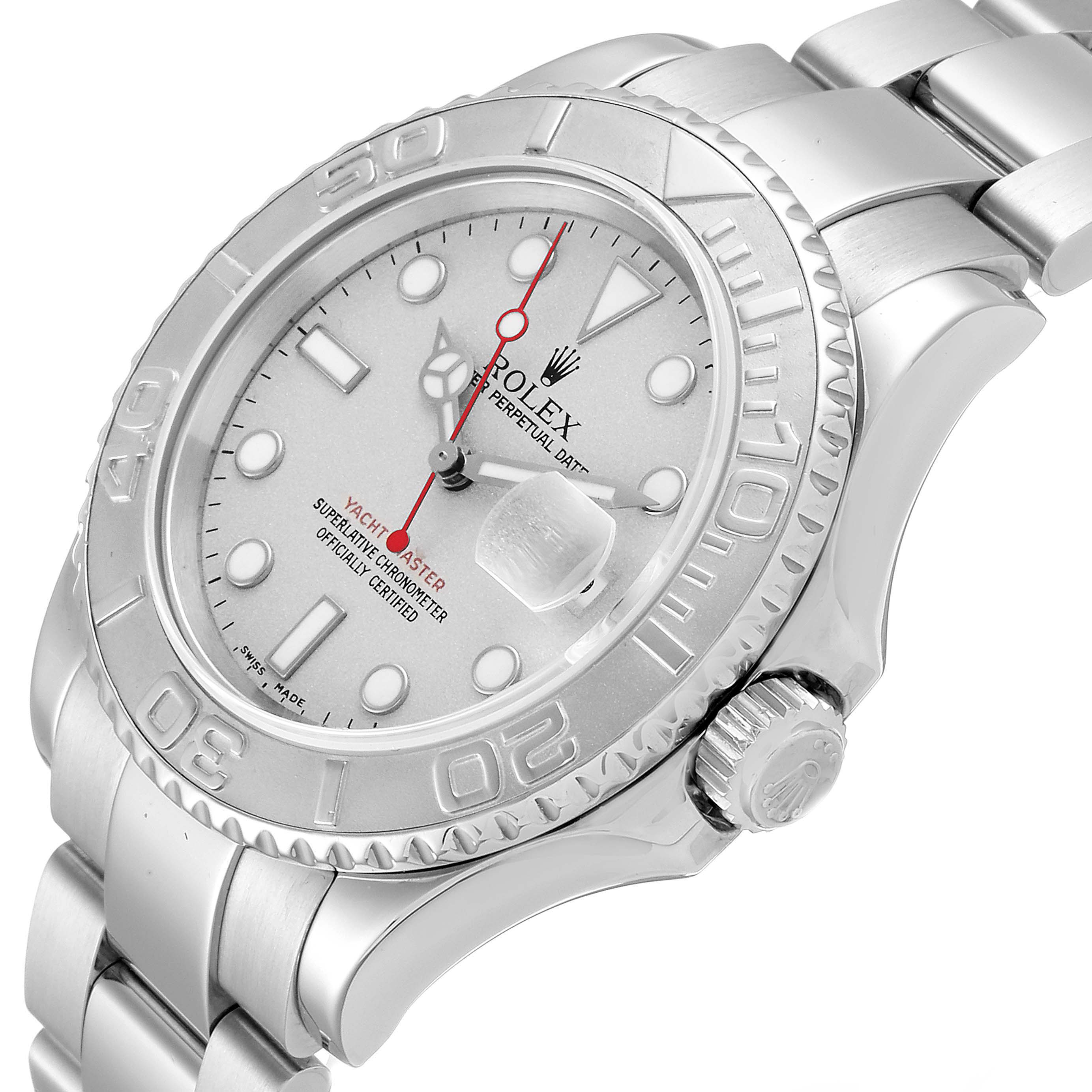 The Rolex Yacht-Master 16622 Men's Stainless Steel Silver Dial 16622 Men's Stainless Steel Silver Dial watch is shown from an angled side view, highlighting the face, bezel, crown, and stainless steel bracelet.