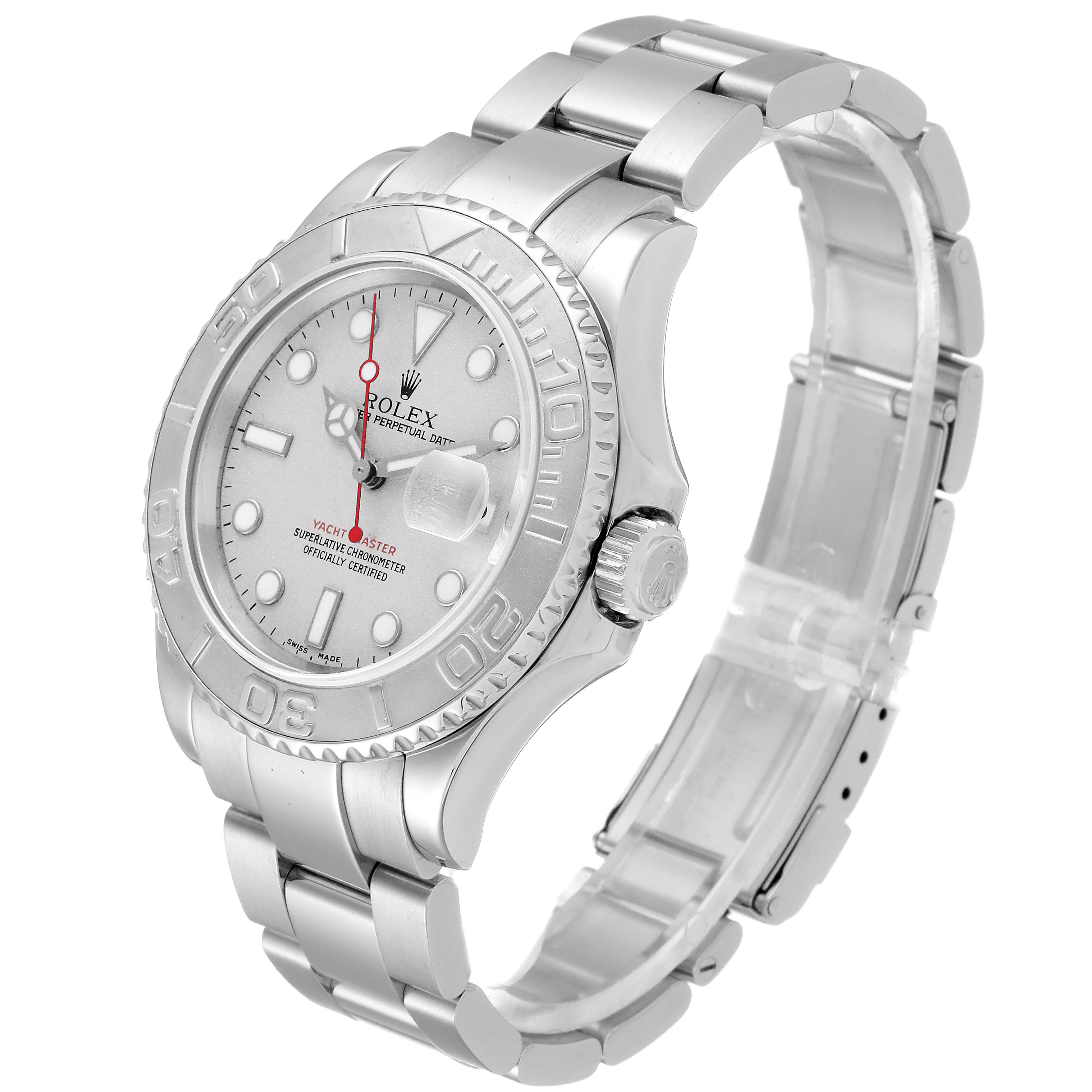 The Rolex Yacht-Master 16622 Men's Stainless Steel Silver Dial 16622 Men's Stainless Steel Silver Dial watch is shown at a slight angle, highlighting the face, bezel, dial, and bracelet.