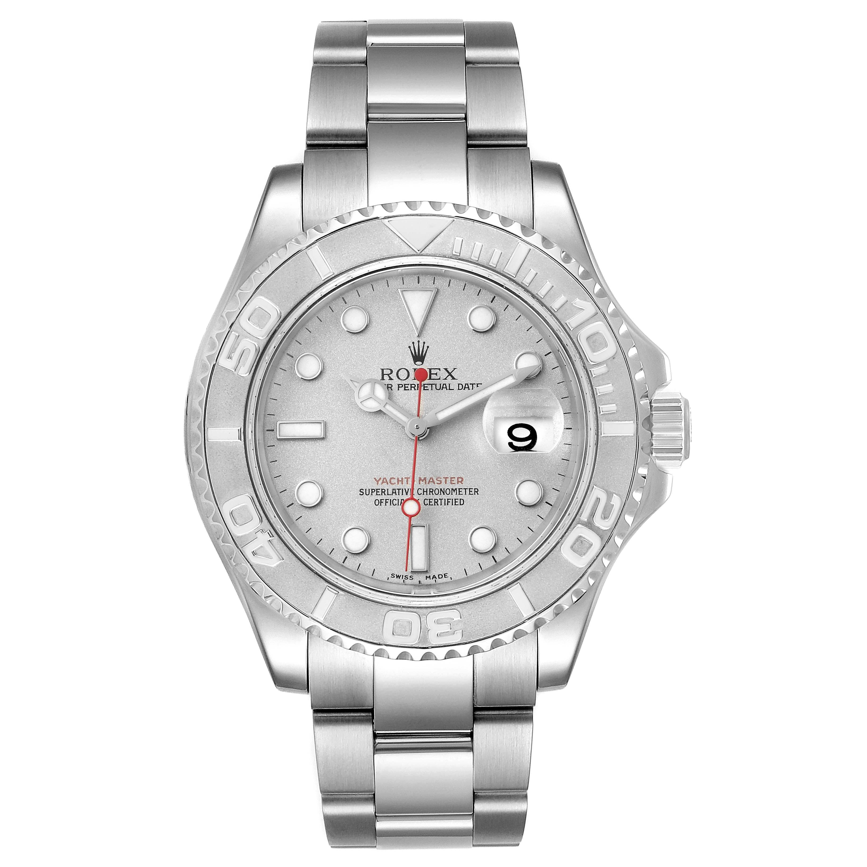The image shows a front view of a Rolex Yacht-Master 16622 Men's Stainless Steel Silver Dial 16622 Men's Stainless Steel Silver Dial watch, highlighting its dial, bezel, and bracelet.