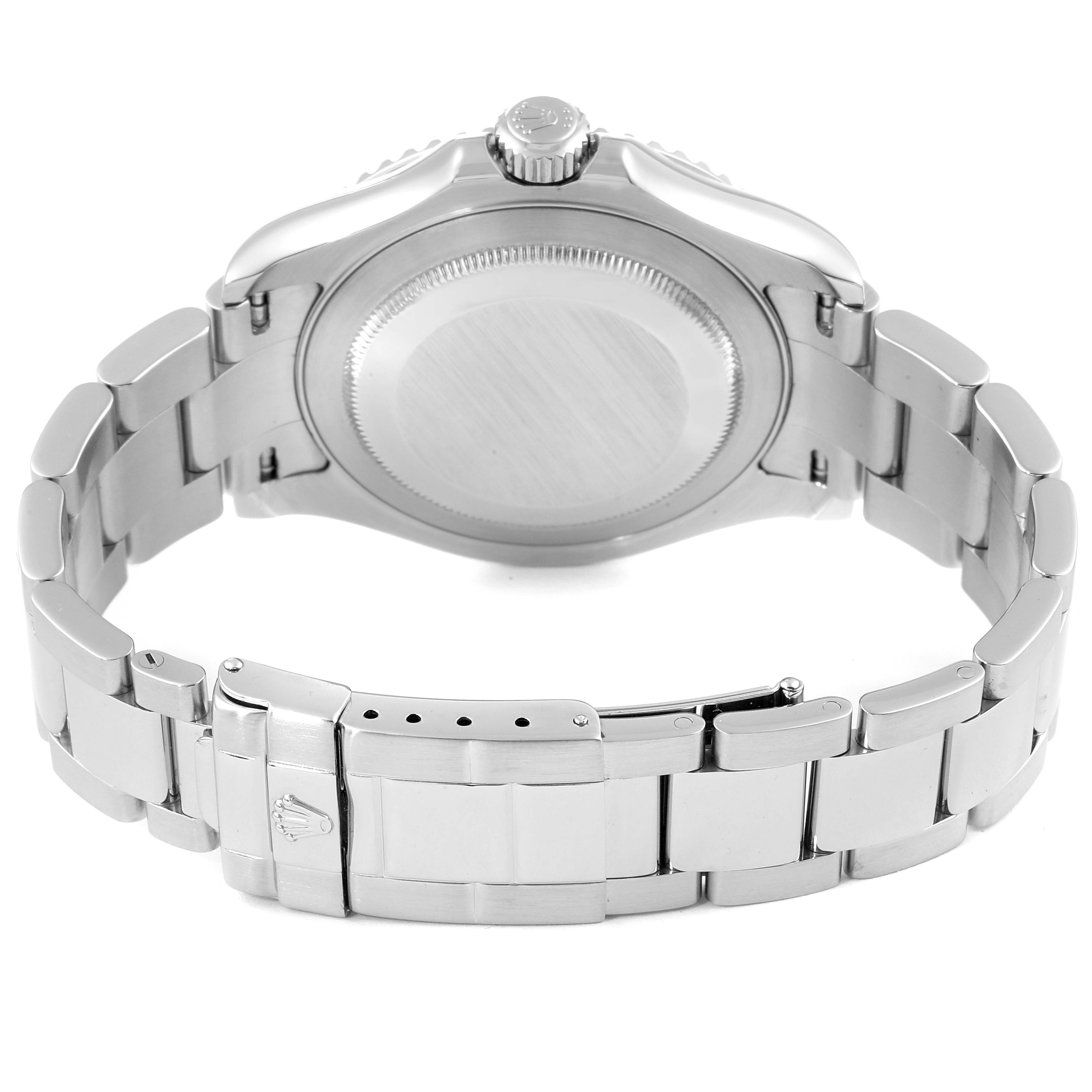This image shows the back view of a Rolex Yacht-Master 16622 Men's Stainless Steel Silver Dial 16622 Men's Stainless Steel Silver Dial watch, focusing on its case back and bracelet.