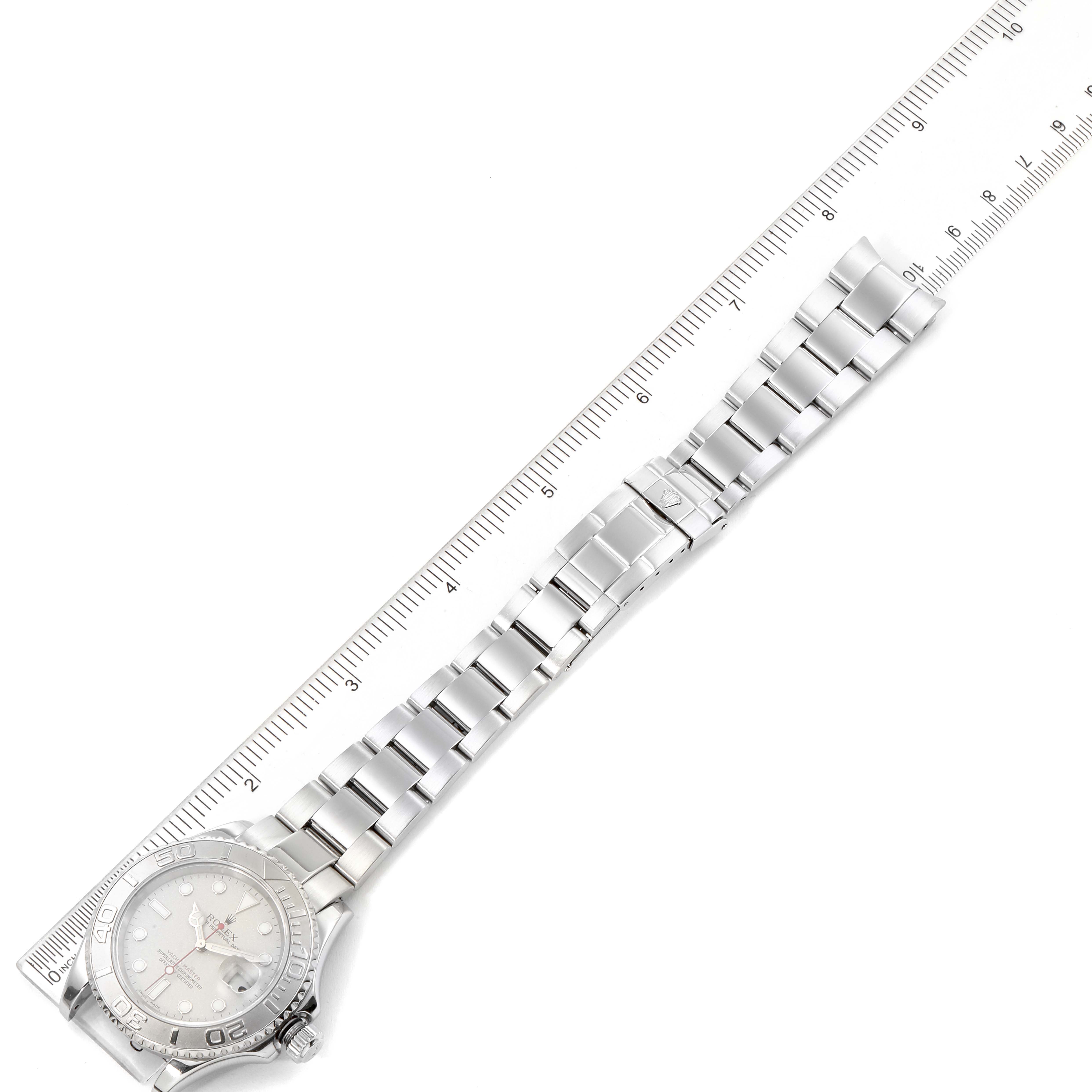 The Rolex Yacht-Master 16622 Men's Stainless Steel Silver Dial 16622 Men's Stainless Steel Silver Dial watch is shown from a top-down angle, displaying the full band and the face.