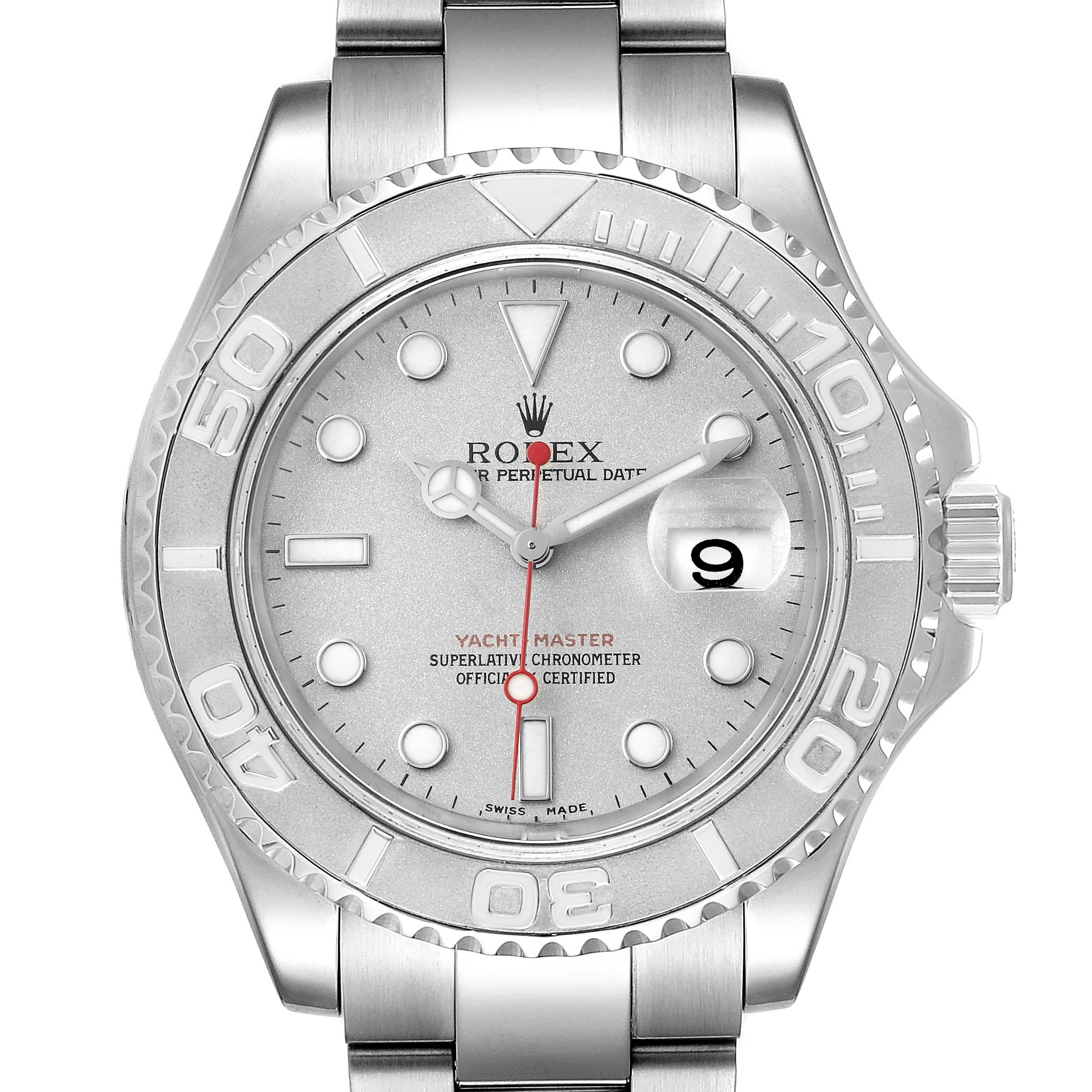 The image shows a front view of the Rolex Yacht-Master 16622 Men's Stainless Steel Silver Dial 16622 Men's Stainless Steel Silver Dial watch, highlighting the bezel, dial, hands, and bracelet.