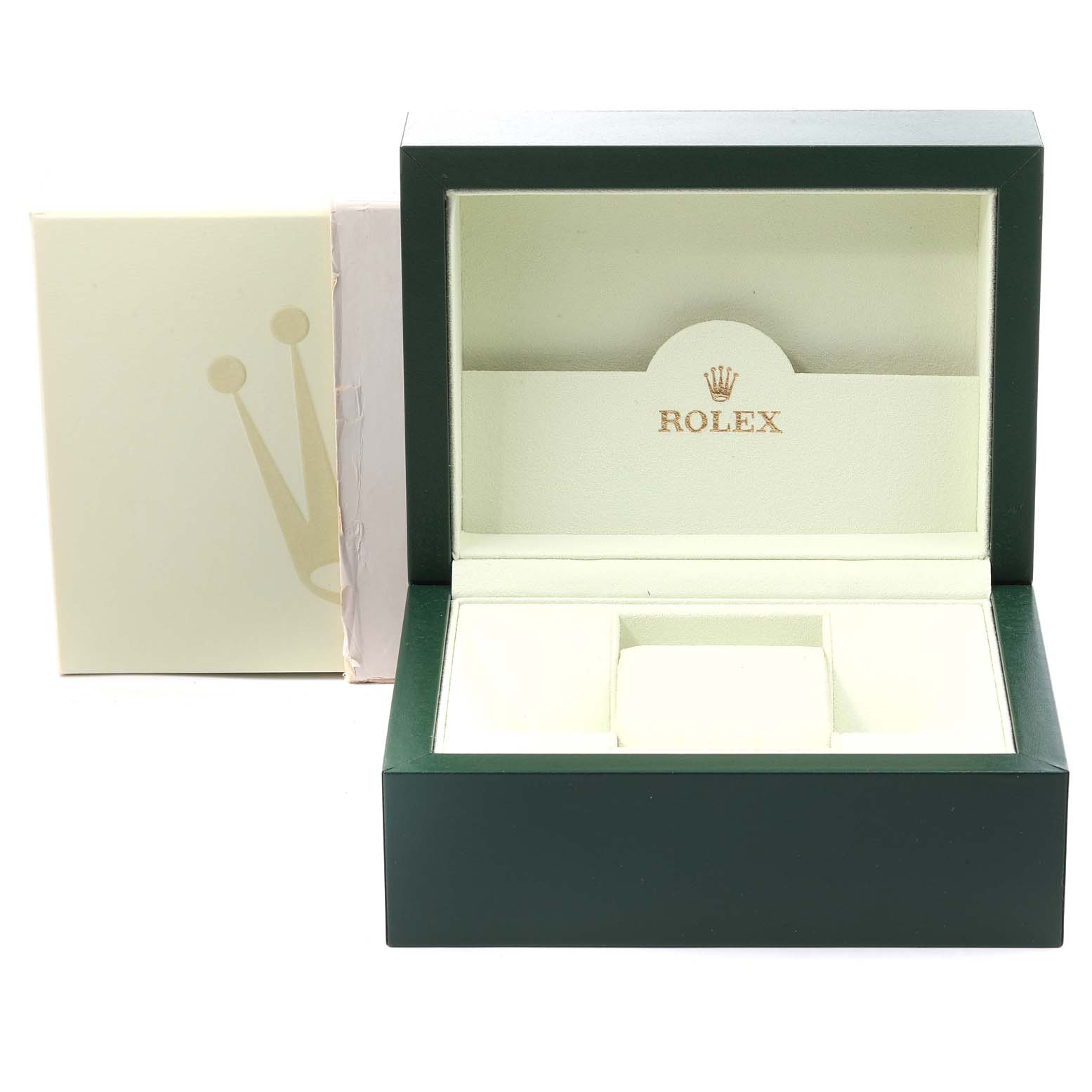 The image shows an open empty Rolex Yacht-Master 16622 Men's Stainless Steel Silver Dial 16622 Men's Stainless Steel Silver Dial watch box viewed from the front, along with its outer packaging.