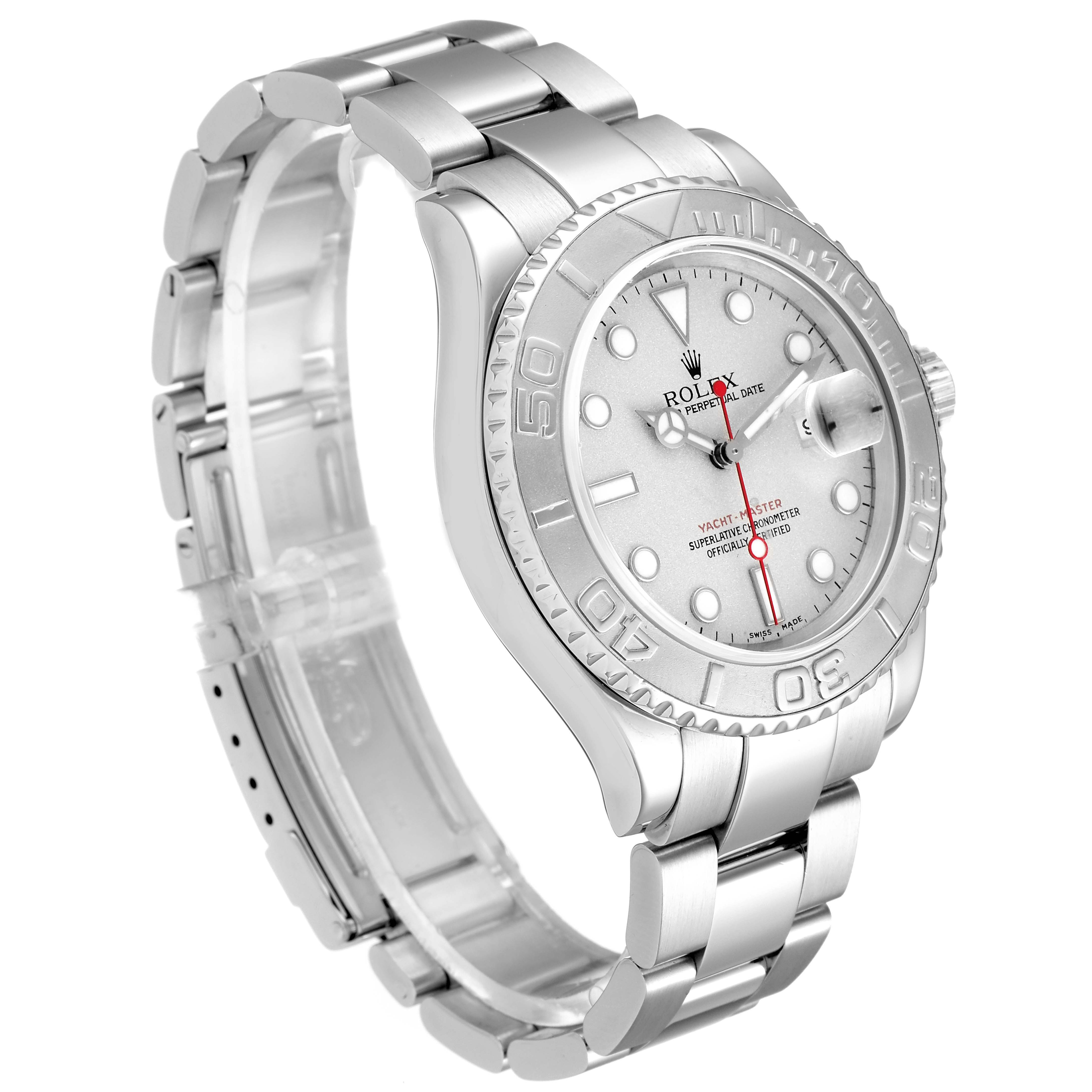The image shows a Rolex Yacht-Master 16622 Men's Stainless Steel Silver Dial 16622 Men's Stainless Steel Silver Dial watch at a three-quarter angle, highlighting its face, bezel, and bracelet.