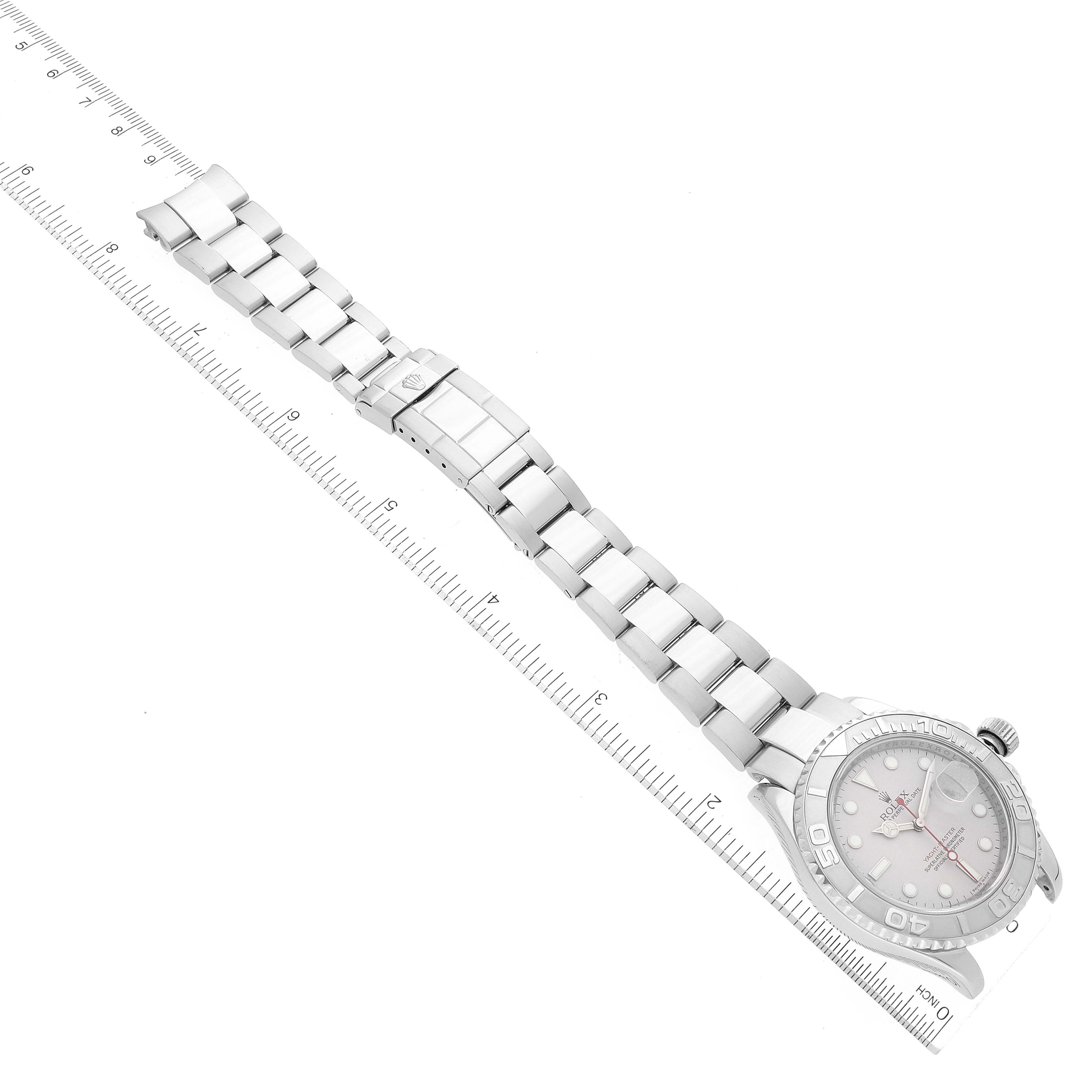 The Rolex Yacht-Master 16622 Men's Platinum Silver Dial 16622 Men's Platinum Silver Dial watch is shown from a top-down angle, highlighting the face, bezel, and full metal bracelet with a clasp.