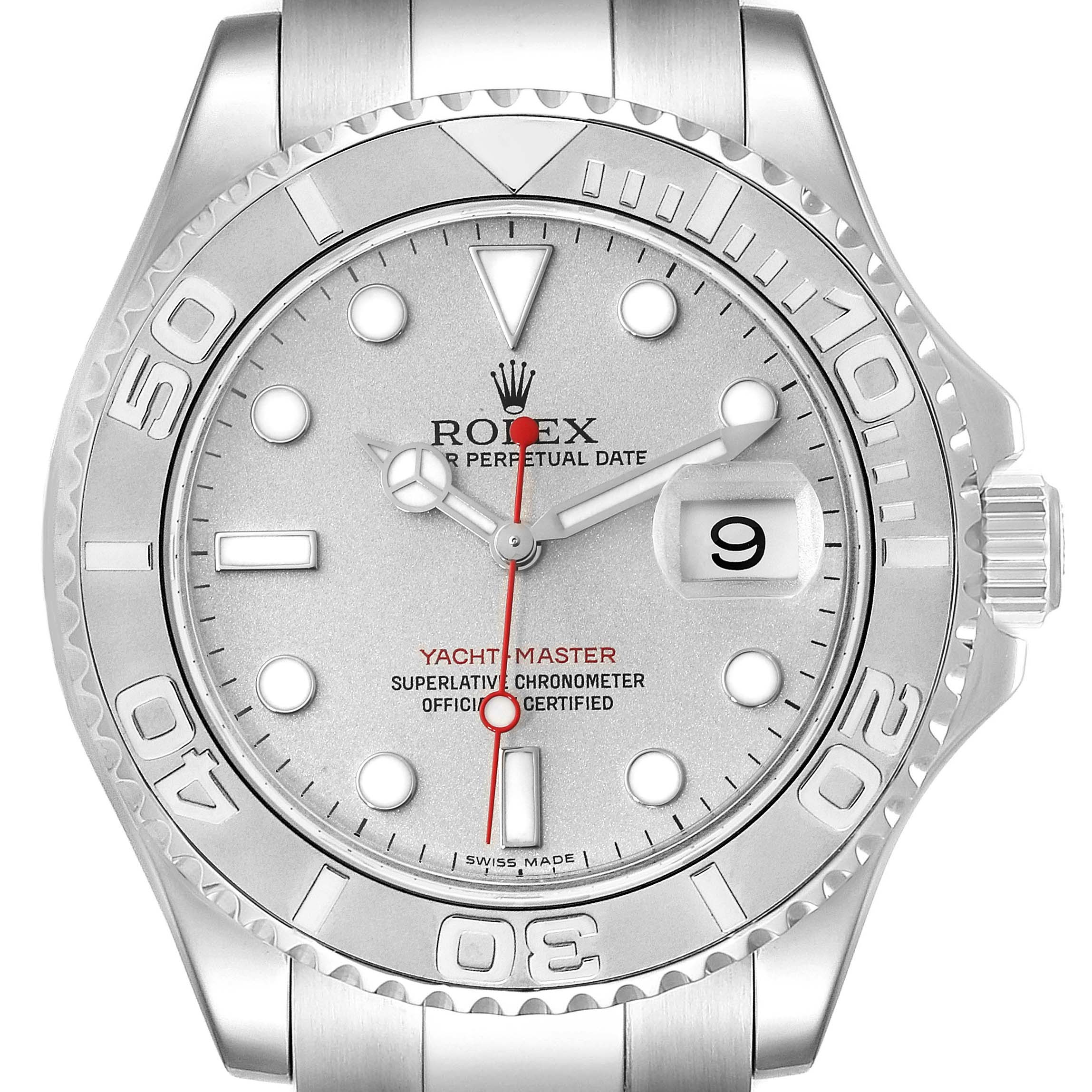 The image shows a front view of the Rolex Yacht-Master 16622 Men's Platinum Silver Dial 16622 Men's Platinum Silver Dial watch, highlighting its face, bezel, and bracelet.