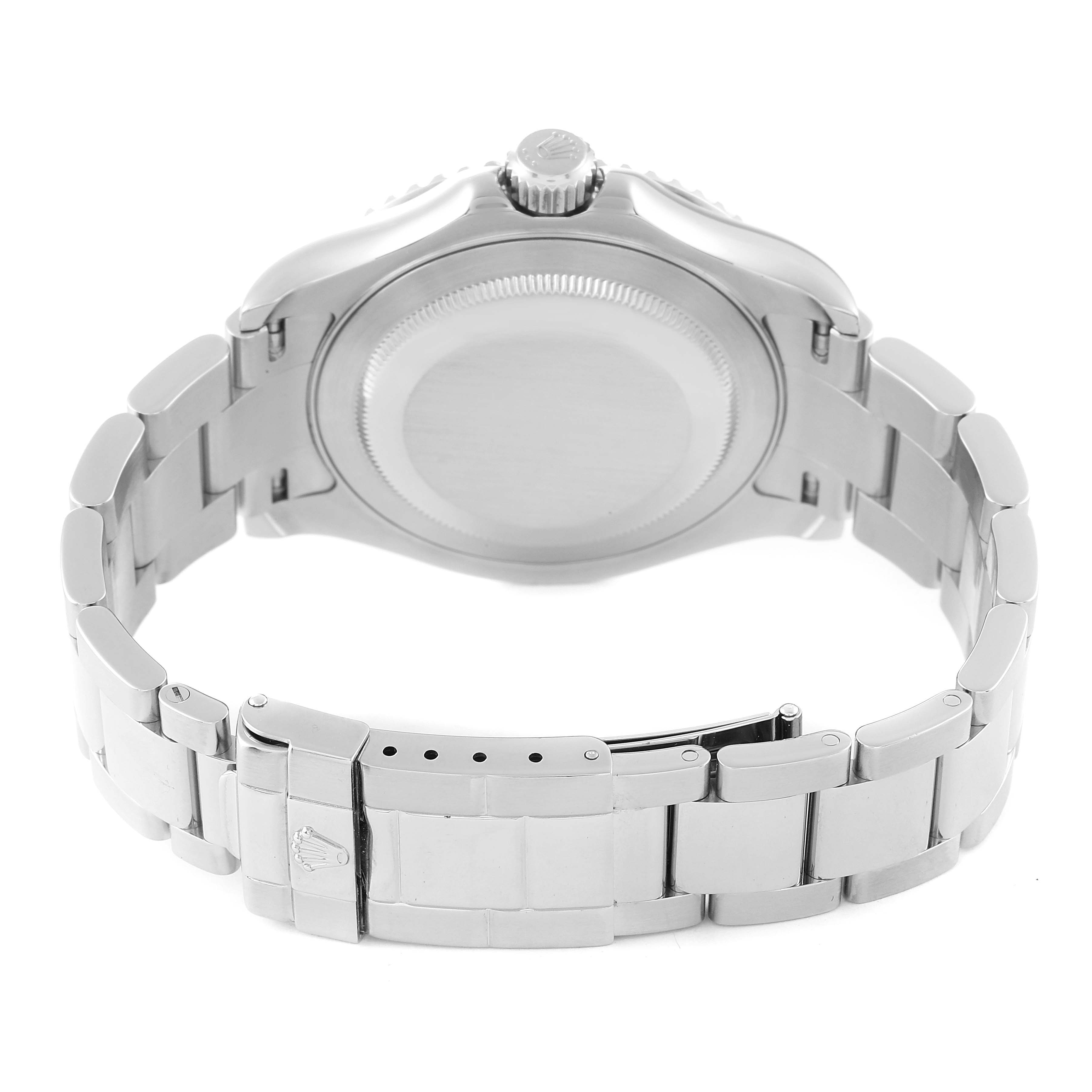 The image shows the back view of a Rolex Yacht-Master 16622 Men's Platinum Silver Dial 16622 Men's Platinum Silver Dial watch, highlighting the closed case back and bracelet.