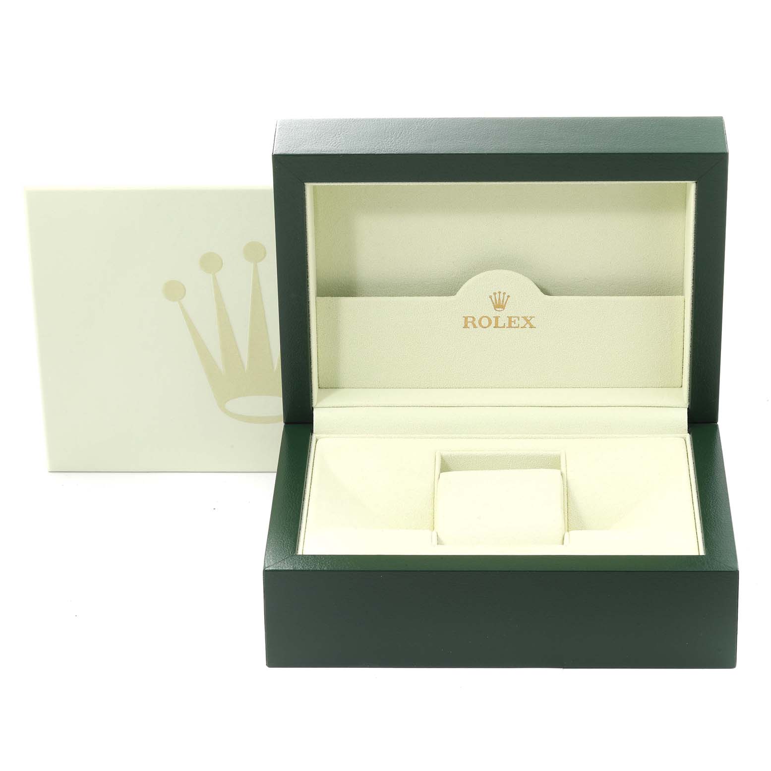 The image shows an open Rolex watch box for the Yacht-Master model, featuring a green exterior and cream interior.