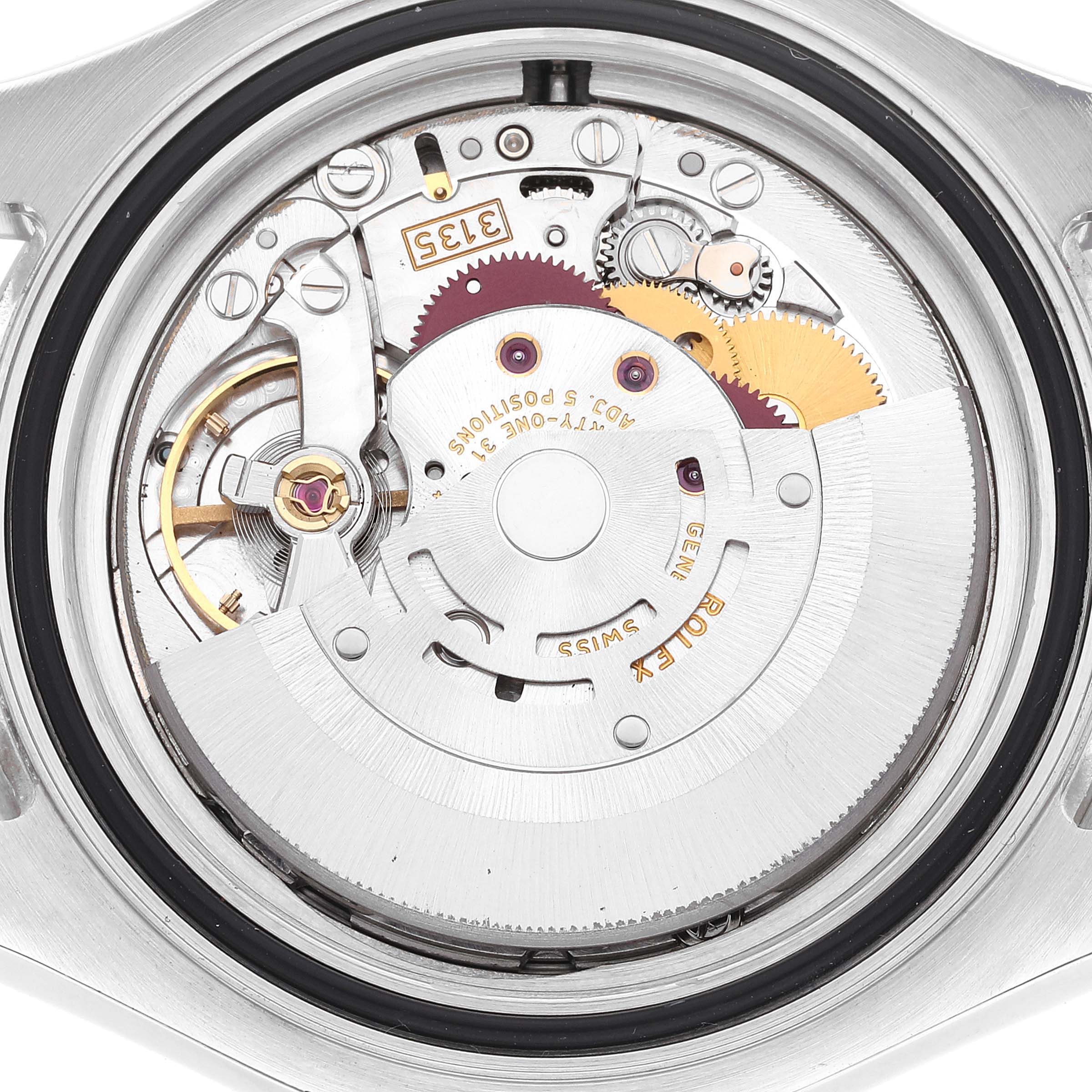 The image shows the movement and internal mechanics of a Rolex Yacht-Master 16622 Men's Platinum Silver Dial 16622 Men's Platinum Silver Dial watch from a top-down angle.