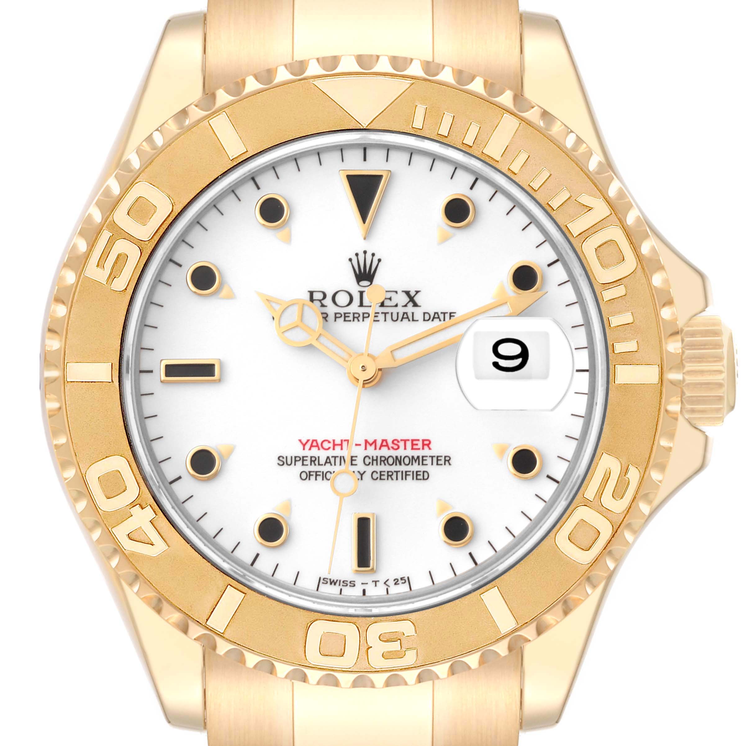 The Rolex Yacht-Master 16628 Men's Yellow Gold White Dial 16628 Men's Yellow Gold White Dial watch is shown from a front angle, highlighting the bezel, dial, hands, and date window.